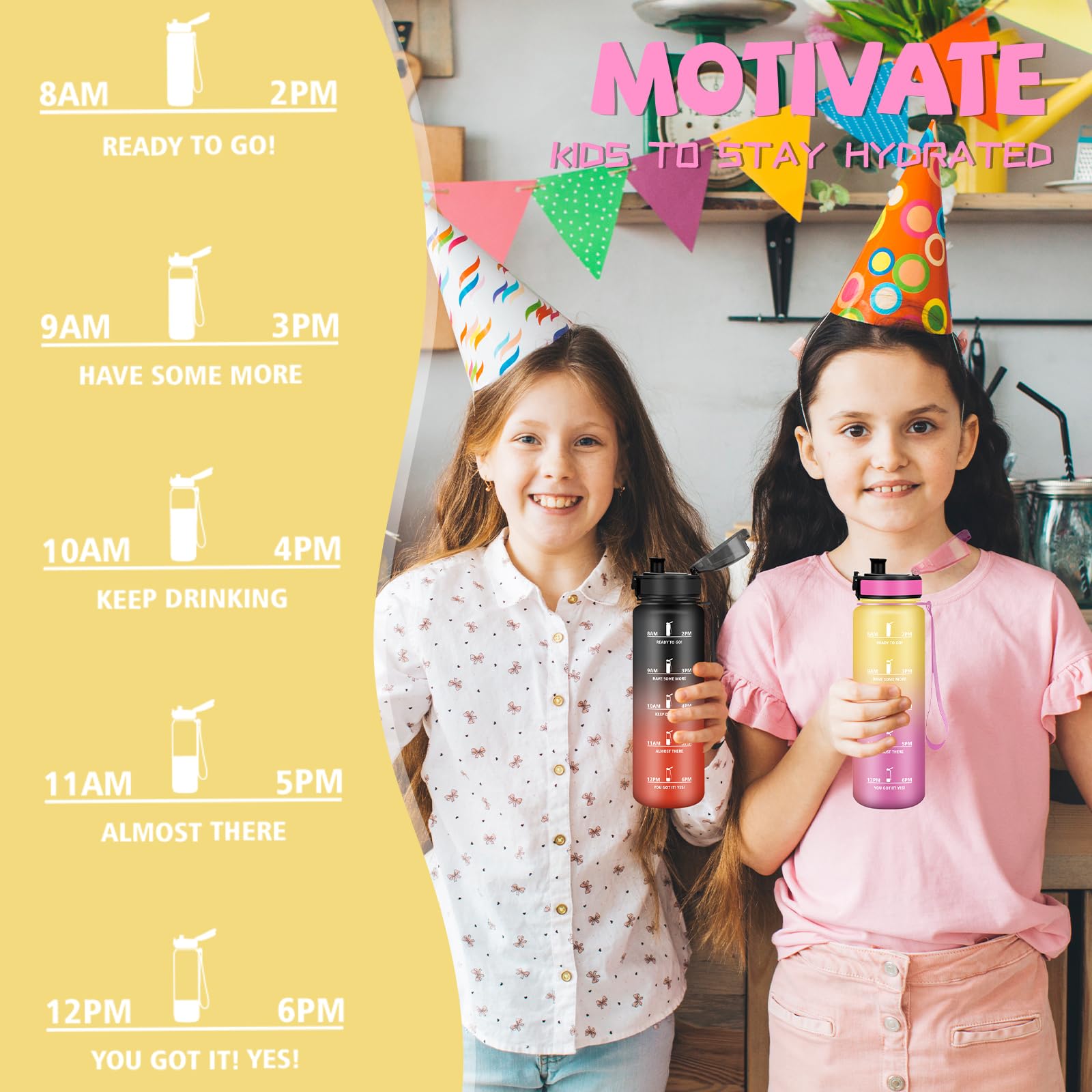 Gourde Enfant 500 Ml Motivante - Anti-fuite, Facile à Nettoyer, Avec Marques De Temps Et Cordon