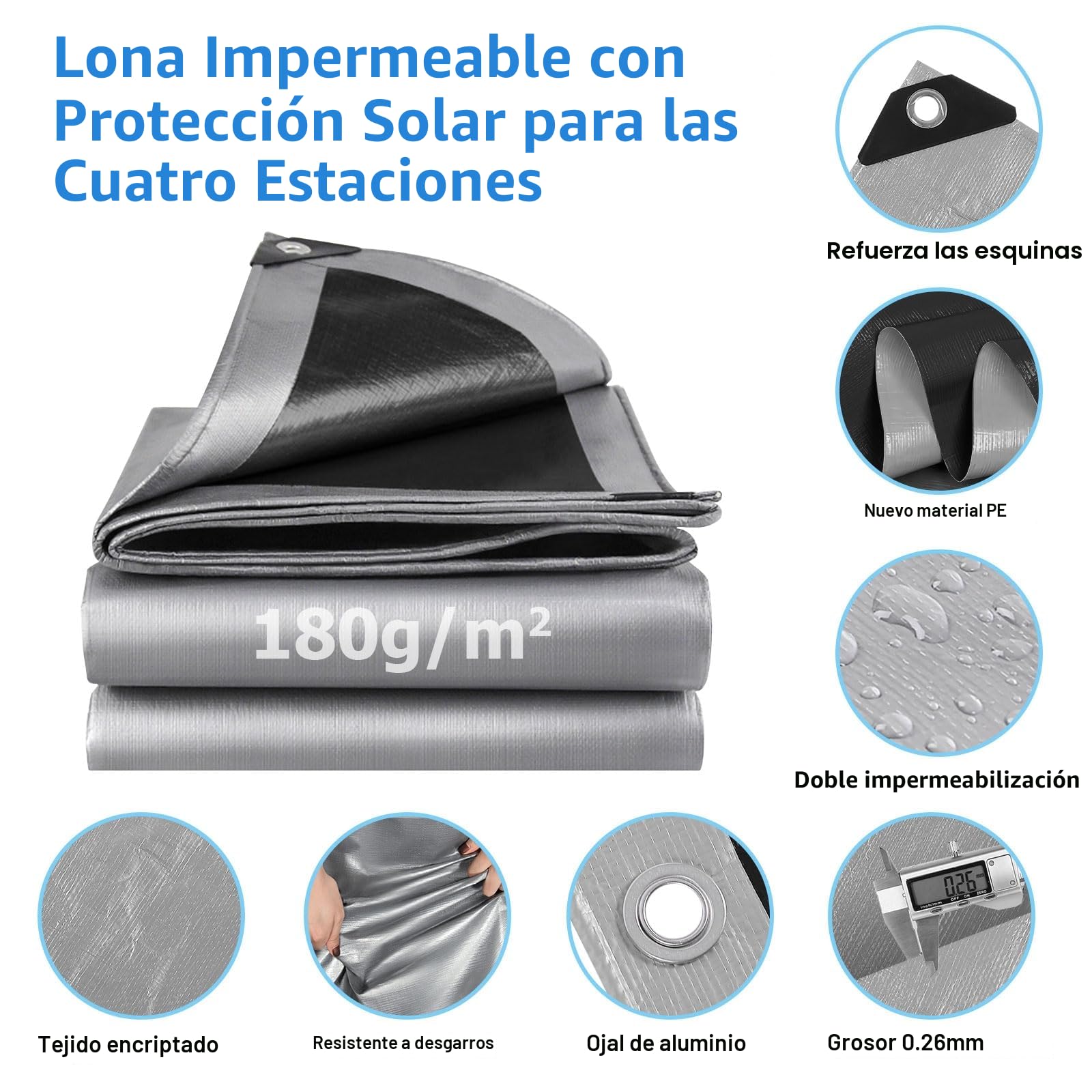 Lona impermeable y resistente, 180 g/m², resistente al agua, para exteriores, resistente a las heladas, protección UV, lona de plástico PE para jardín, cenador, camping, muebles, cobertizos, 4 m x 6 m