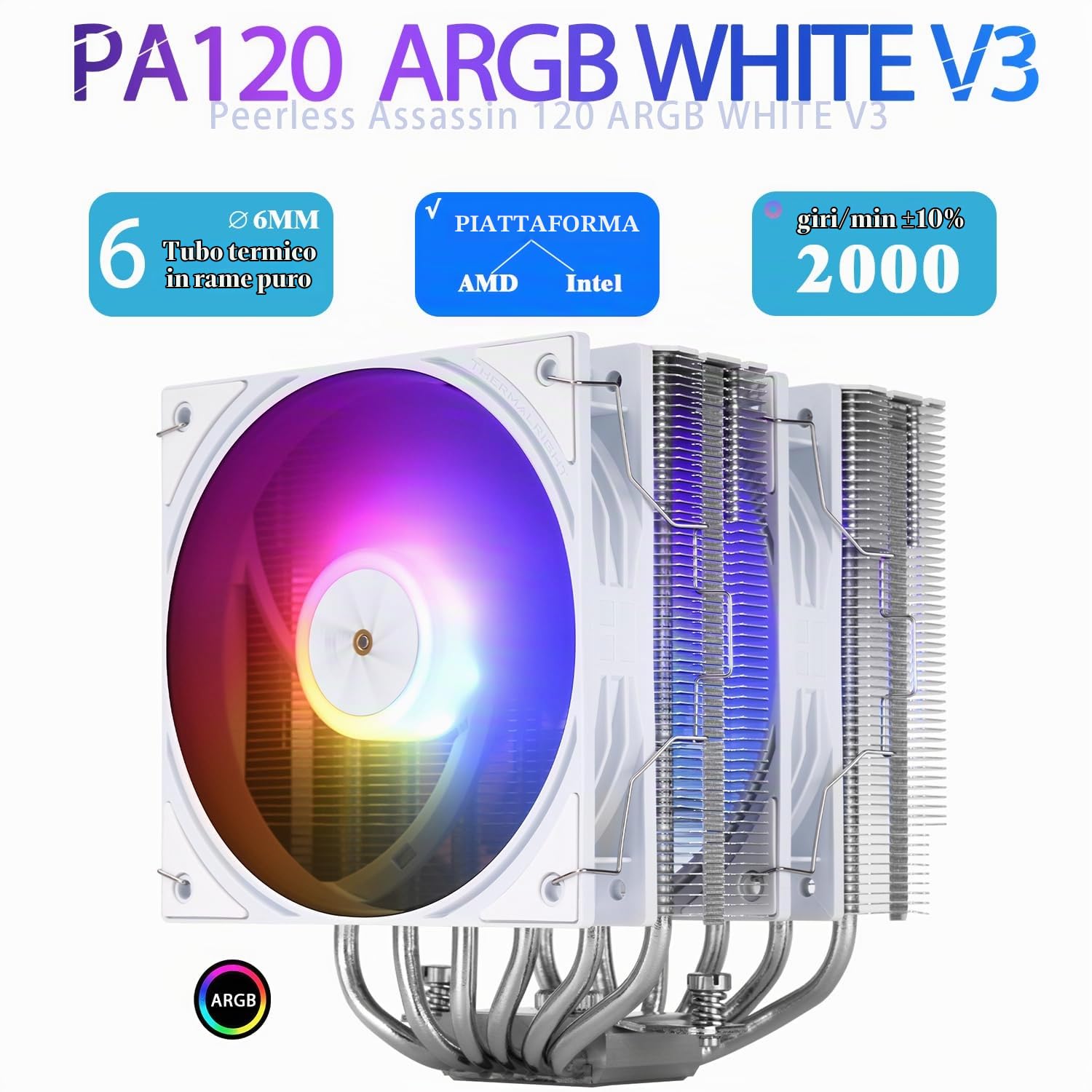 TR-Thermalright Peerless Assassin 120 ARGB White V3 - Refrigeratore CPU a doppia torre con 6 tubi di calore, con copertura superiore bianca, due ventole CPU da 120 mm, 2000 giri/min, per AM5/AM4