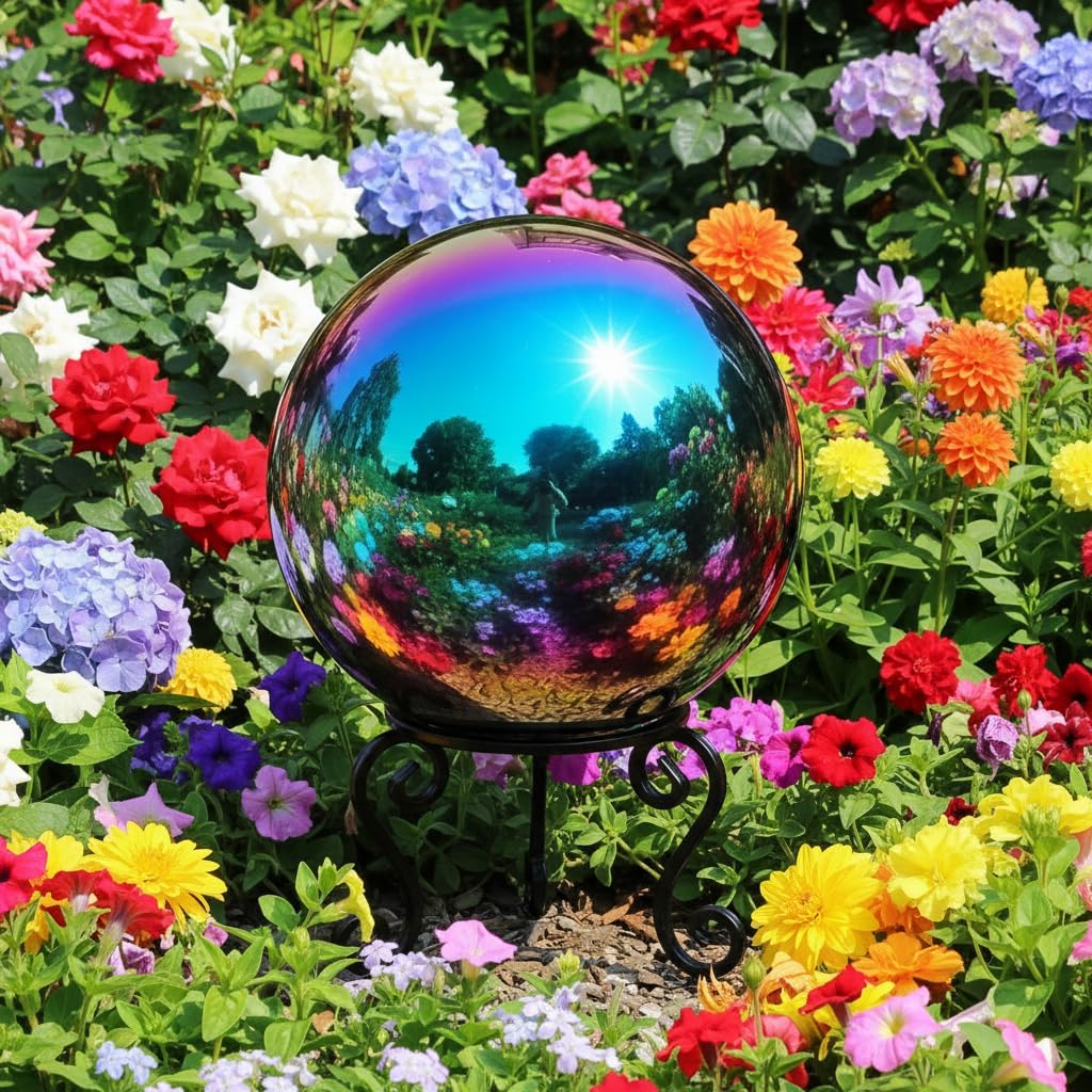 30cm/12 inch Garden Sphere Mirror Gazing Ball,Rainbow Stainless Steel Polished Reflective Smooth Hollow Globe Ball,Durable Colorful and Shiny Decorations Addition to Garden Patio Yard Home