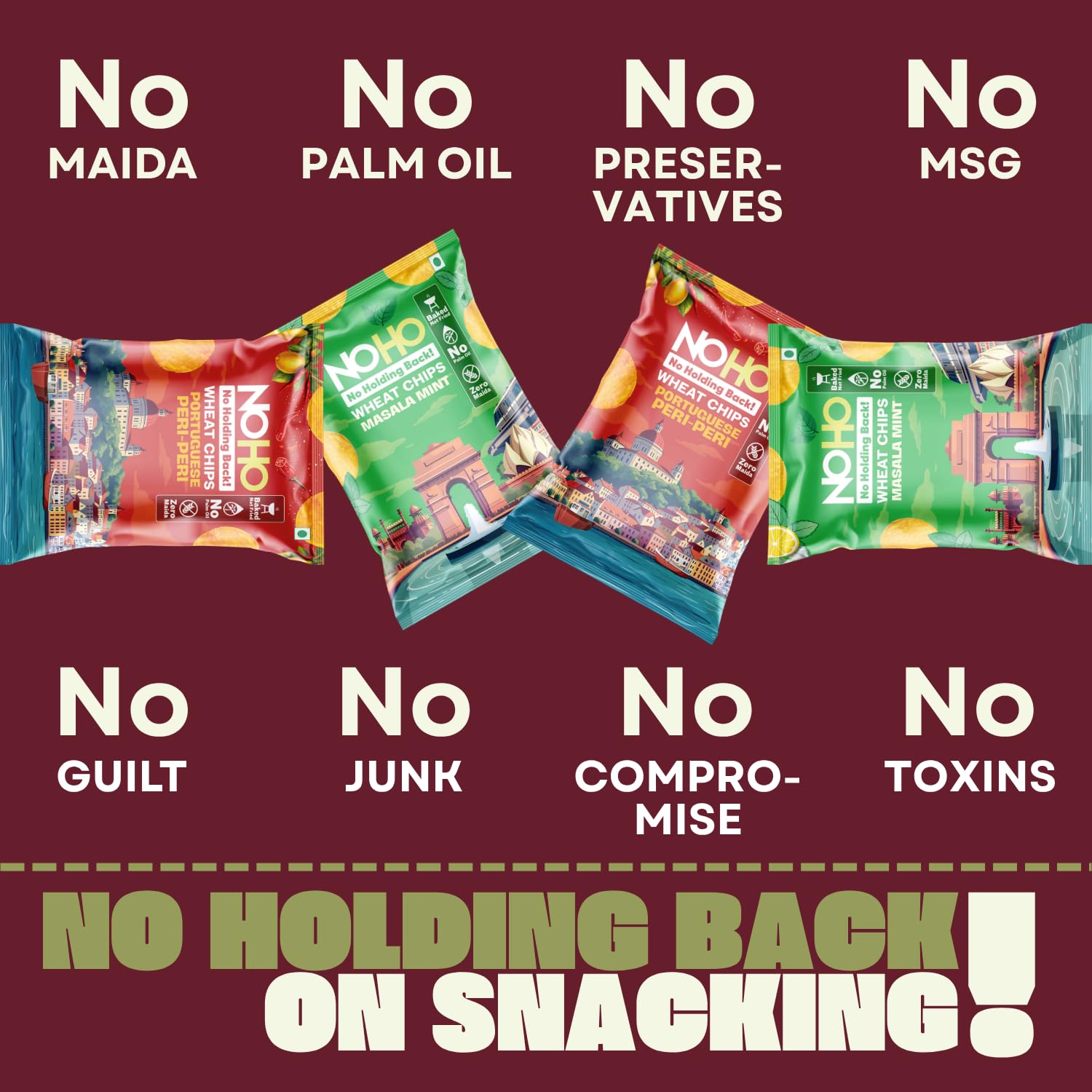 NoHo Wheat Chips | Peri Peri x2 & Masala Mint x2 (Pack of 4) | Healthy Baked, Not Fried | No Maida, No Palm Oil | Combo of 2 Flavours| Spicy, Tangy and Not So Spicy | Evening Snacks for Adults & Kids | 1