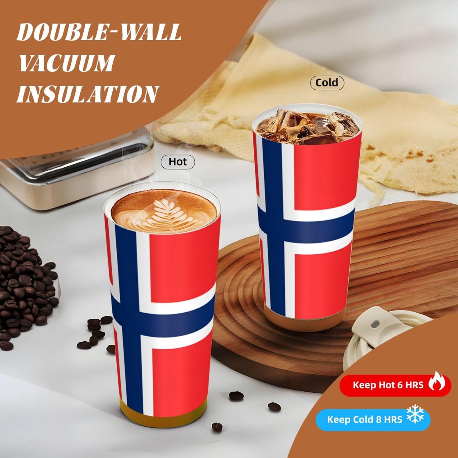 Unique Customized Coffee Mug - Insulated Stainless Steel Tumbler for Travel, Home & Office - 17 oz Norwegian flag Red