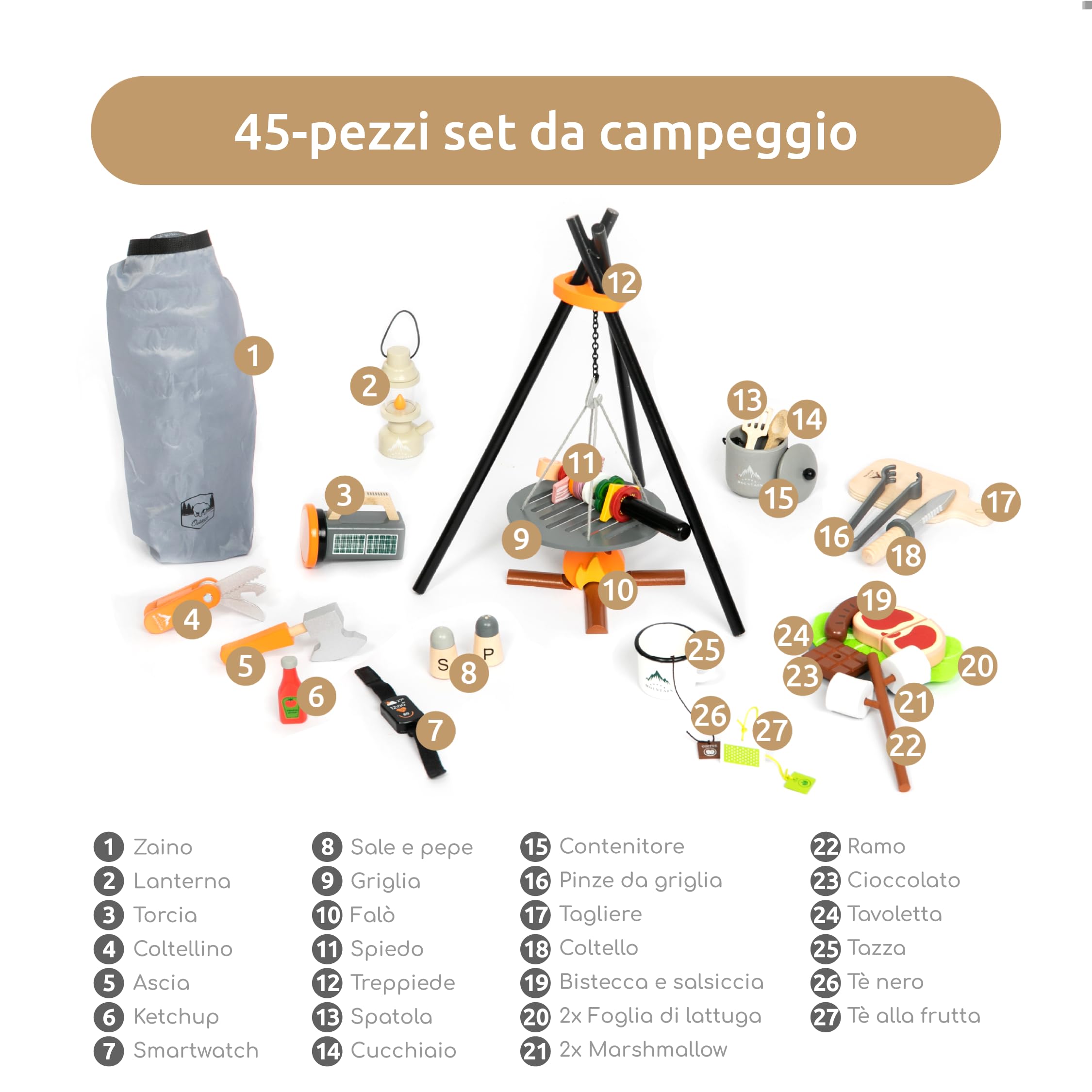 UMU® Set Gioco da Campeggio in Legno per Bambini con Falò, Lanterna, Coltello, Ascia e molto altro, Giocattolo d'Avventura per Giochi di Ruolo, Set di 45 Pezzi per Bambine e Bambini di 3, 4, 5 Anni
