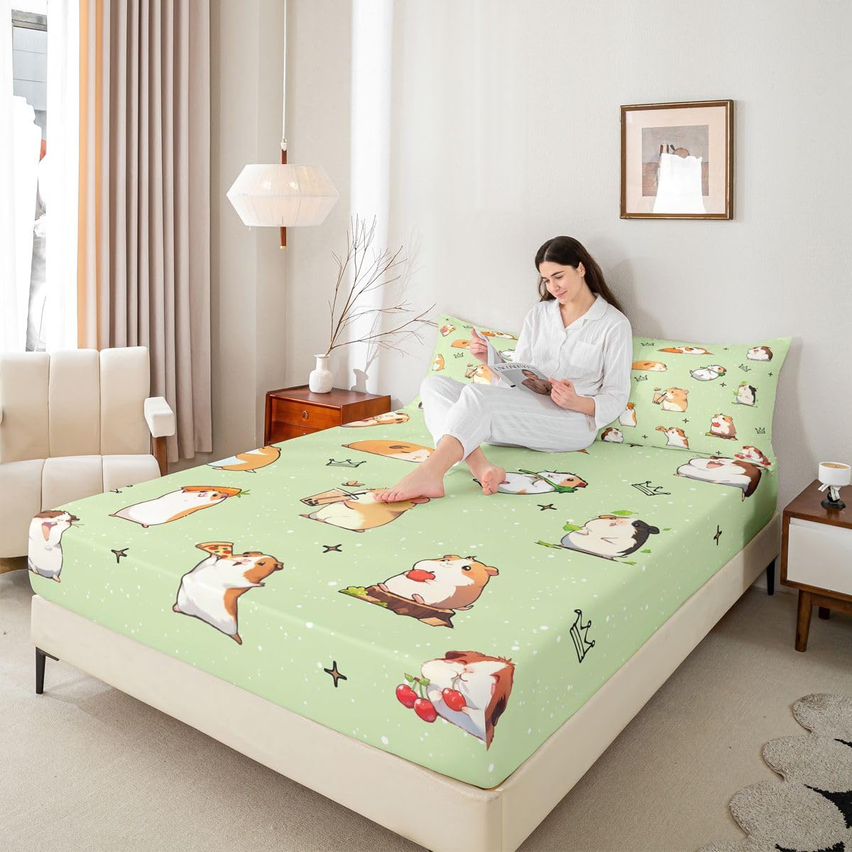 Homewish Świnka morska zestaw pościeli król kawaii mysz dopasowane prześcieradło mleko herbata owoce prześcieradła, gryzonie zwierzę narzuta na łóżko 3 szt