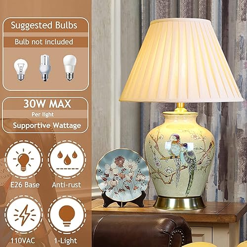 Miniatura 4 de JITEM Lámpara de Mesa Chinoiserie - Lámpara de mesa de cerámica pintada a mano con flores y pájaros con pantalla de tela, lámpara de mesita de noche