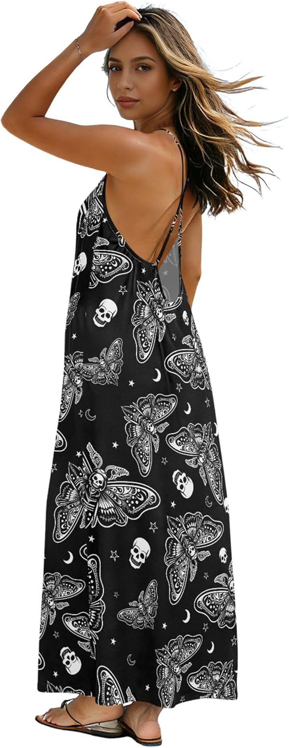 MNSRUU Women Dresses Moon Star Bat Summer Beach Sexy Spring Loose Long Dress