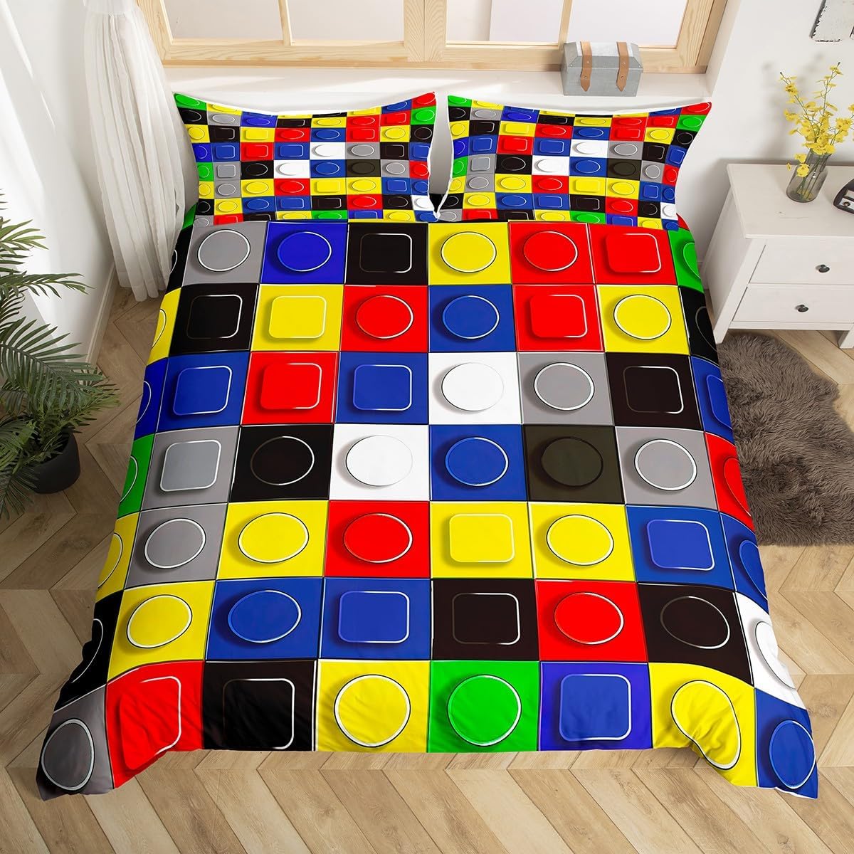 Feelyou Kids Toys Bedding Set Twin Size Kids Building Blocks Comforter Cover Set for Boys Teens Games Duvet Cover Breathable Colorful Bedspread Cover Room Decor Quilt Cover