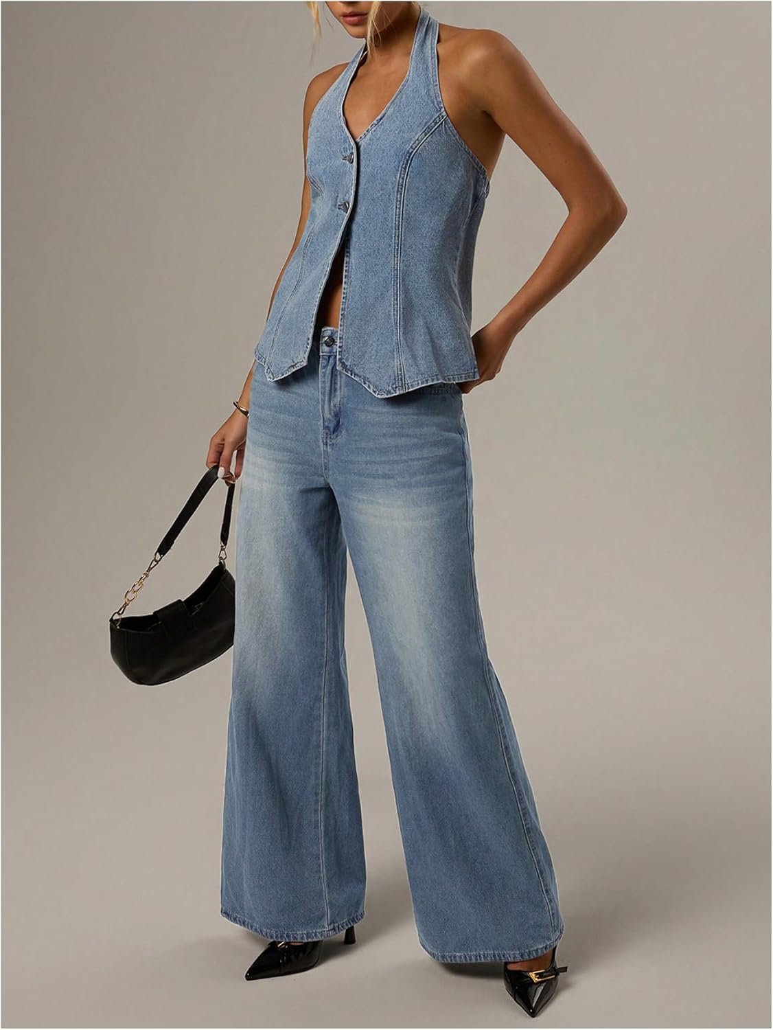 SweatyRocks Women's Denim Top Halter Neck Backless Jean Vest Tops Button Up Waistcoat - Image 5