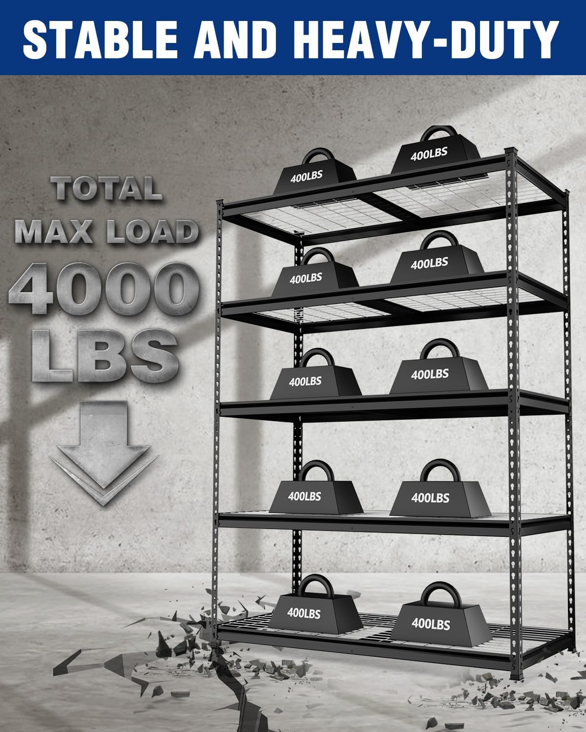 WORKPRO 5-Tier Heavy Duty Metal Shelving Unit, 72”H x 48”W x 24”D, Adjustable Storage Rack with 4000 lbs Capacity, for Garage, Basement, Workshop, Warehouse - Image 6