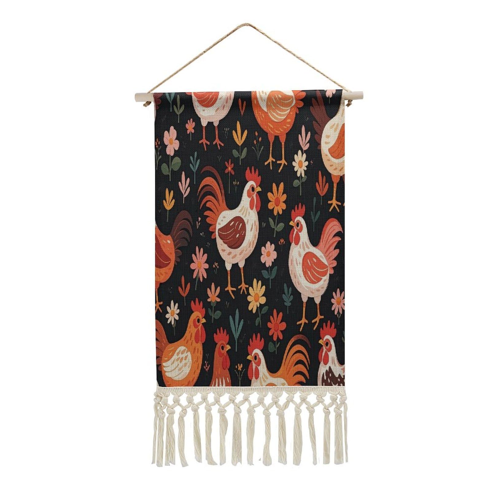 FekiLoot Cute Rooster Chickens Wall Art Print Decor Art Tapestry with Tassel Cotton Linen Hanging Poster Vintage Aesthetic Wall Art Poster Rustic Wall Art Decor for Home Bedroom Living Room Office