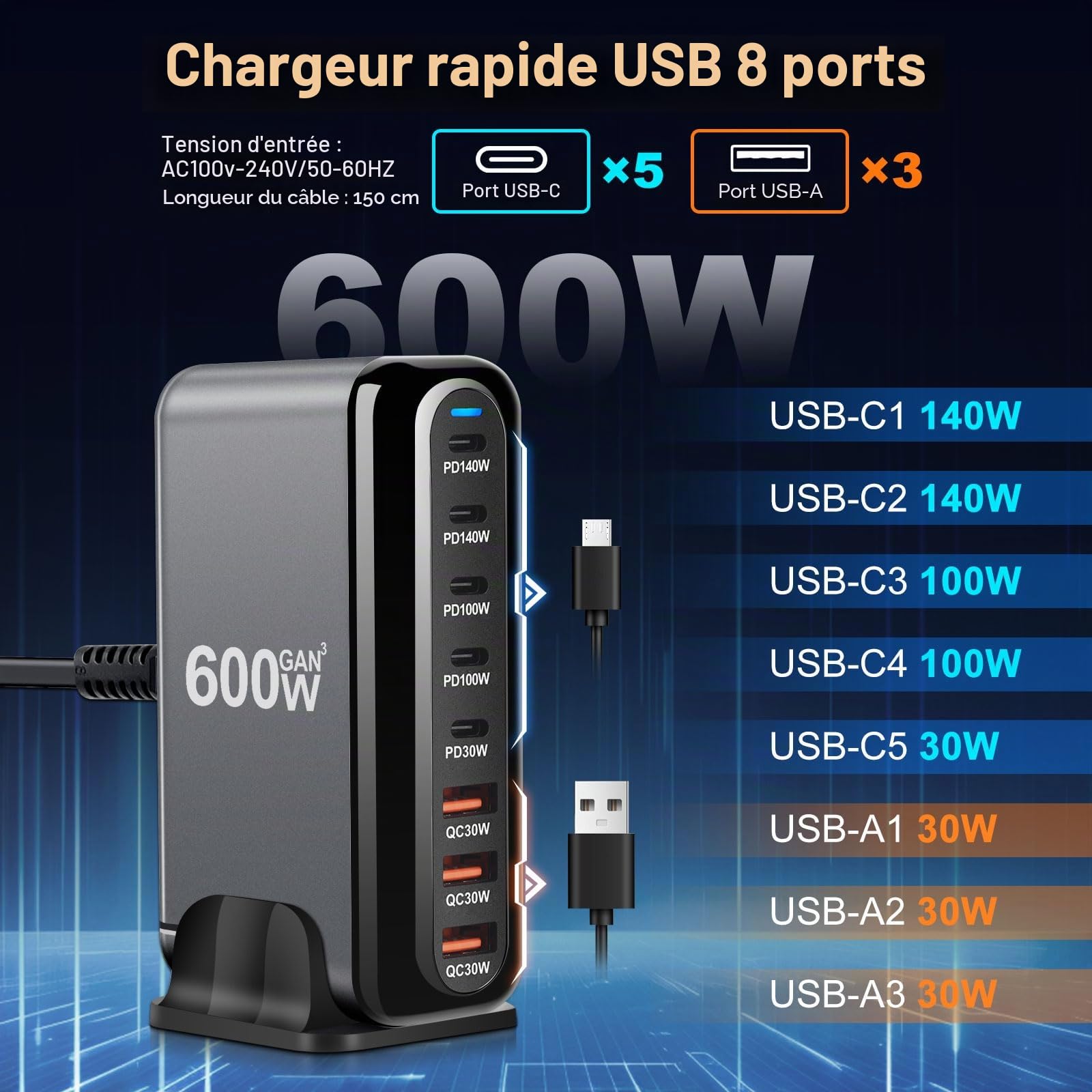 600W USB C Multiple Charger, 8-Port Fast Charging Station with 6 -C and 2 -A PD PPS 100W Power Charger for MacBook Pro/Air, iPad Pro/Air, Sumsung etc-Black