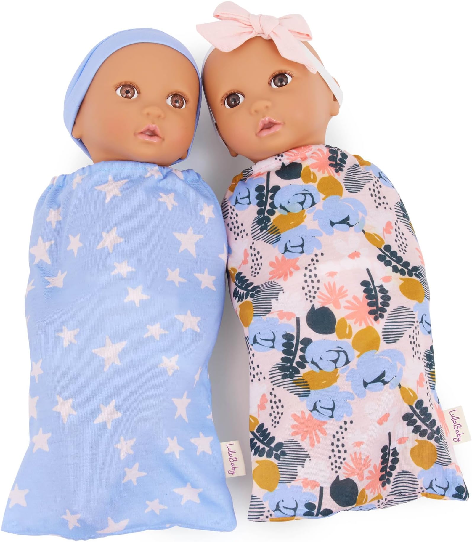 LullaBaby14-inch Realistic Baby Twin Dolls – Olive Skin Tones & Brown Eyes – Star & Floral Swaddles – Cute Hat & Headband – Twin Baby Dolls & Sleep Sacks Set – Boy & Girl