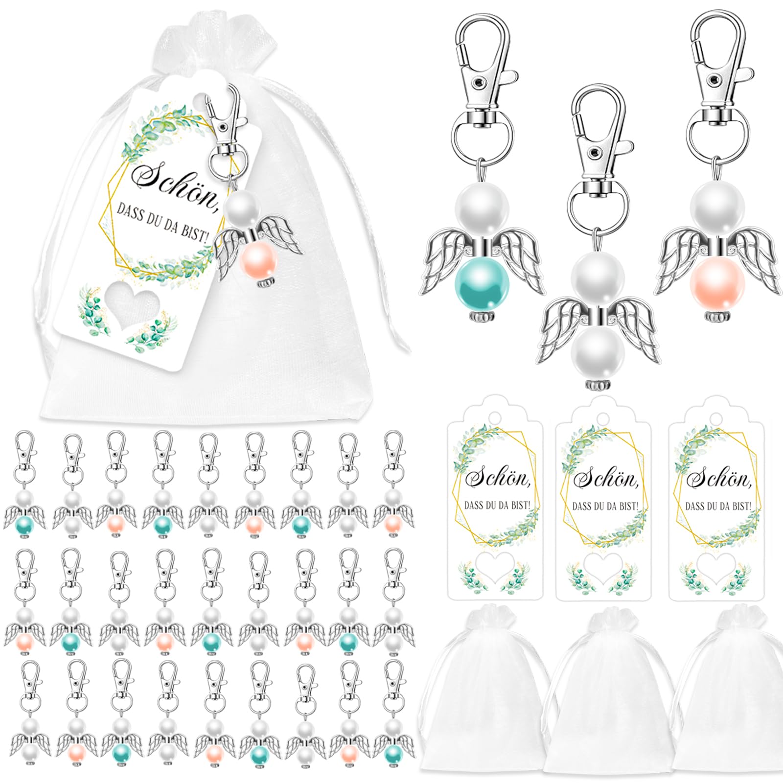 Johiux 30 Stück Schutzengel Silvester Glücksbringer Gastgeschenke Hochzeit Kommunion Taufe Weihnachten,Gastgeschenke Hochzeit mit Schutzengel Anhänger Organzabeutel und Karte,Abschiedsgeschenk Schüler