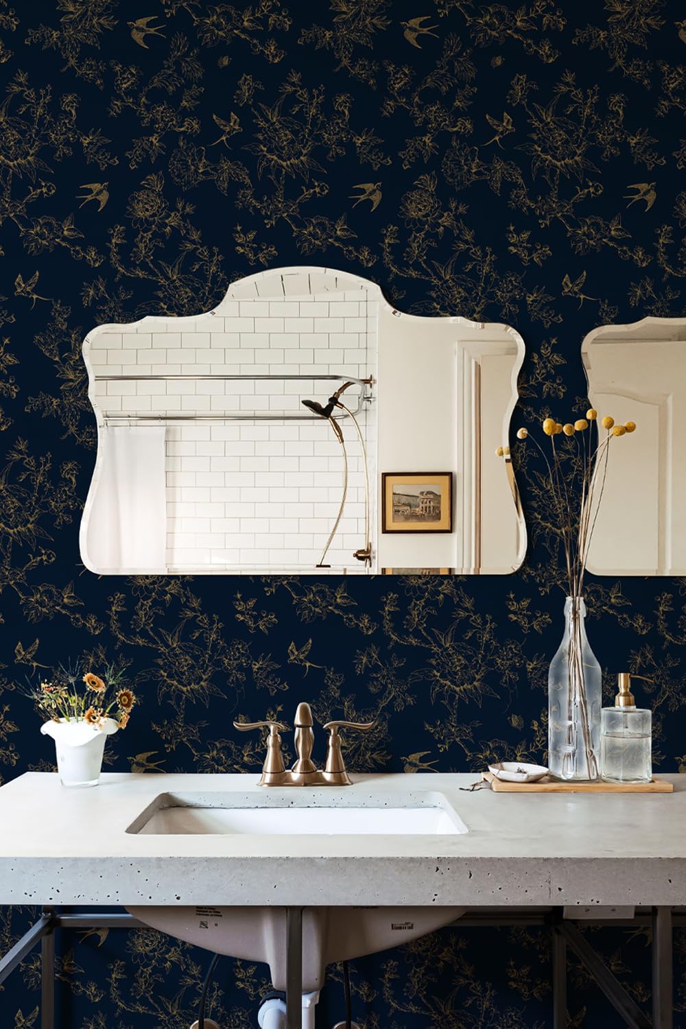 Simon&Siff Dark Blue and Glod Wallpaper Peel and Stick Vintage Floral Birds Contact Paper Removable Self Adhesive Wall Paper for Bedroom Cabinets Decor 480" x 17.3"
