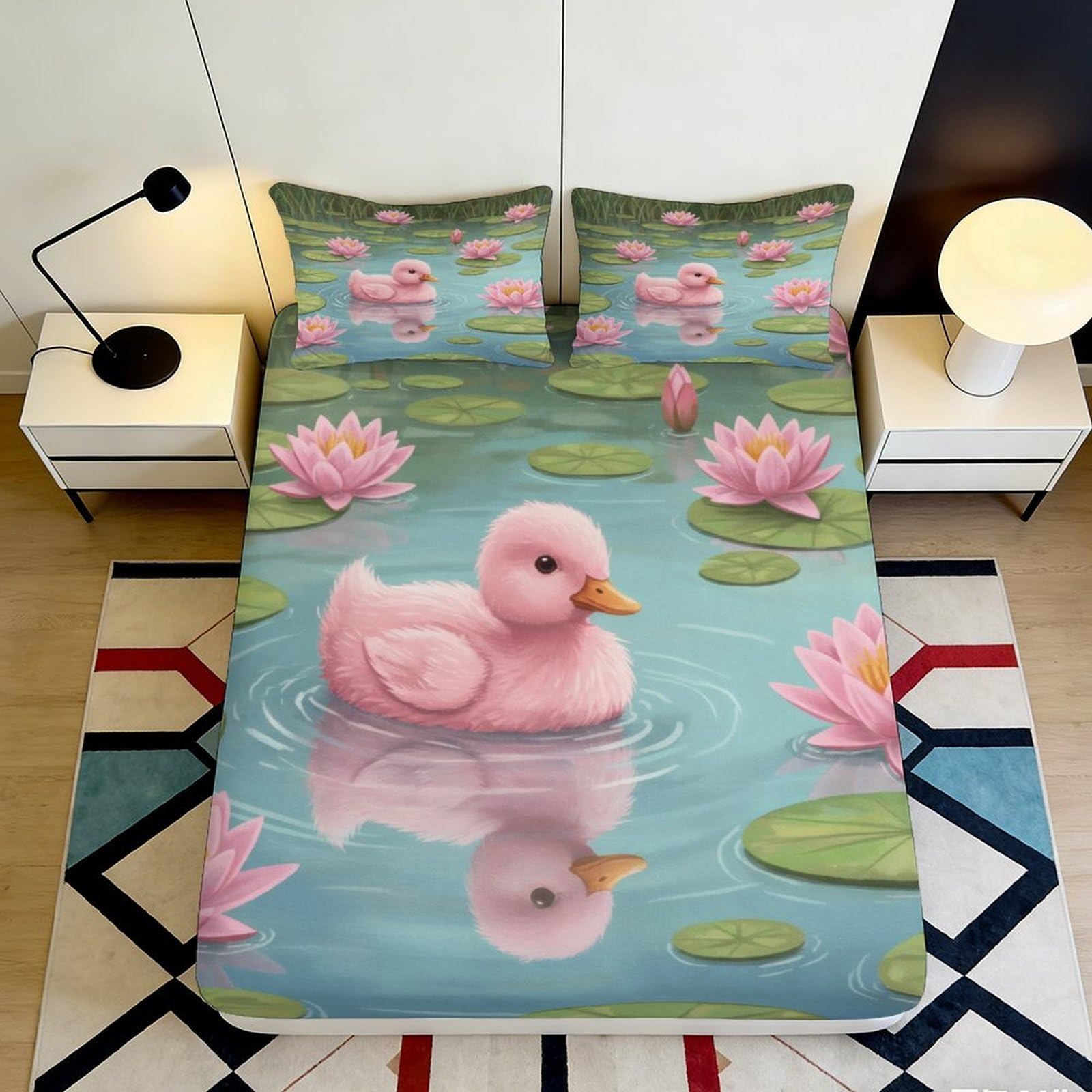 3D Printed Cute Duck Lily Fitted Sheet Microfiber Deep Pocket Elastic Hem Lily Pond Mattress Fitted Cover Washable Bedding for All 180x200x25cm
