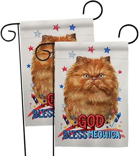 Breeze Decor Bandera patriótica de color marrón persa para jardín, paquete de 2 unidades, gato, gatito, miau, piel de pata arruinada, mascota,