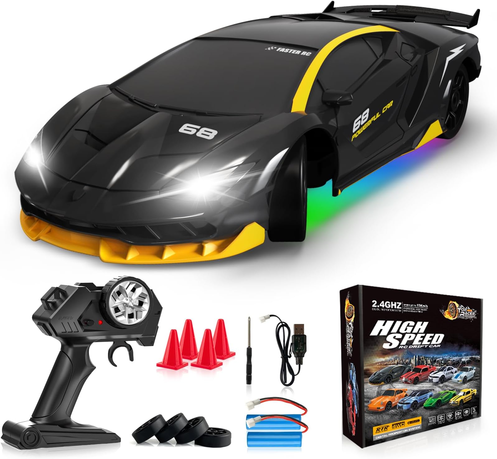 RC Drift Car Remote Control Car 2.4GHz 1/24 4WD 15KM/H High Speed Racing Sport with LED Lights Drifting Tire Toy for Adults Boys Girls Kids Gift 2Pcs Rechargeable Batteries