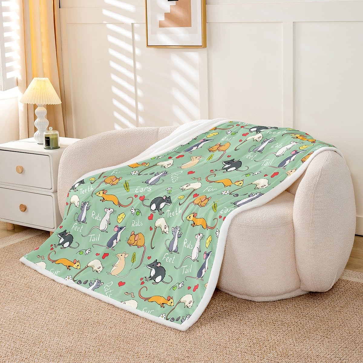 Erosebridal Kids Rat Plush Bed Blanket Twin Size Mouse Rodents Sherpa Blanket Funny Animal Love Heart Throw Blanket for Boys Girls Children Cartoon Style Fleece Throw for Living Room, Teal Blue