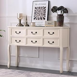 Mesa consola de estilo rústico de color blanco marfil con cajones, muebles de entrada de madera maciza, amplio almacenamiento para pasillo/sala de estar, mesa de sofá de 120 cm de largo
