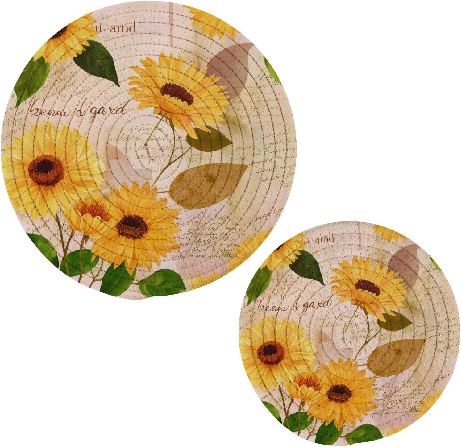 Blueangle 2-Pcs Yellow Watercolor Sunflowers Trivet Pot Holder - Round Woven Potholders Set - Cotton Braided Hot Pads - Coasters - Table Mats for Cooking and Baking