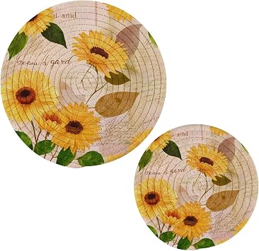 Blueangle 2-Pcs Yellow Watercolor Sunflowers Trivet Pot Holder - Round Woven Potholders Set - Cotton Braided Hot Pads - Coasters - Table Mats for Cooking and Baking