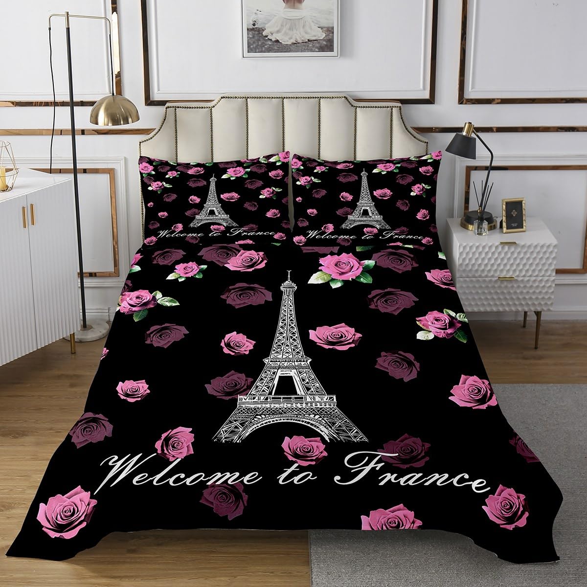 jejeloiu Pink Eiffel Tower Bedspread King Size Paris Coverlet Set for Kids Boys Girls Decor Rose Floral Flower Romantic Modern City Quilted Coverlet Room Decor