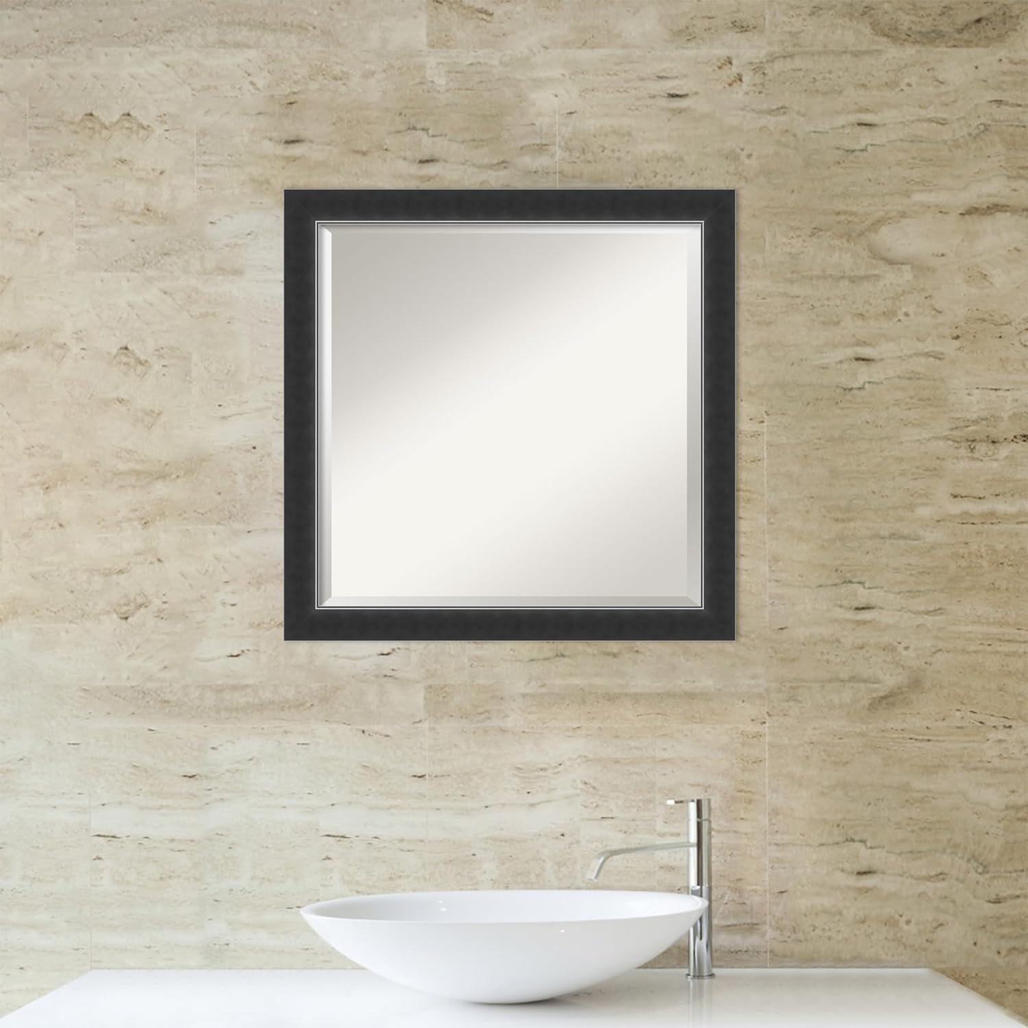 Amanti Art Black Bathroom Mirror for Over Sink, 23x23 Corvino Black Narrow Square Vanity Mirror, Medium Modern Wood Frame, Hangs Horizonally and Vertically, Bathroom Wall Decor, Beveled Edge