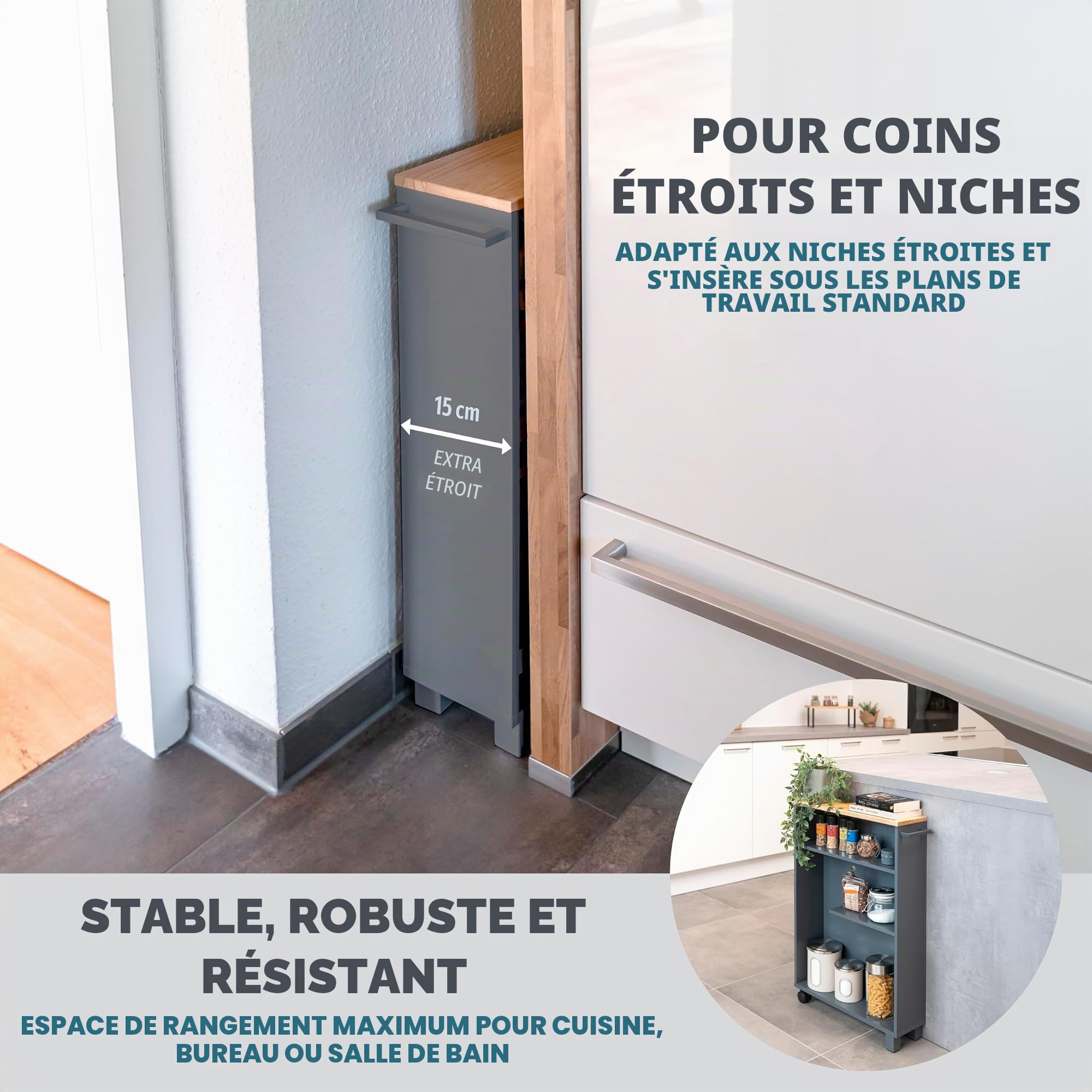 Eluno Organisateur de Salle de Bain avec 3 Niveaux - Chariot de Salle de Bain et de Cuisine (Bois-Gris)