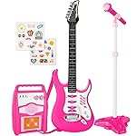 Best Choice Products Kids Electric Musical Guitar Play Set, Toy Guitar Starter Kit Bundle w/ 6 Demo Songs, Whammy Bar, Microphone, Amp, AUX, 2 Sticker Sheets - Pink