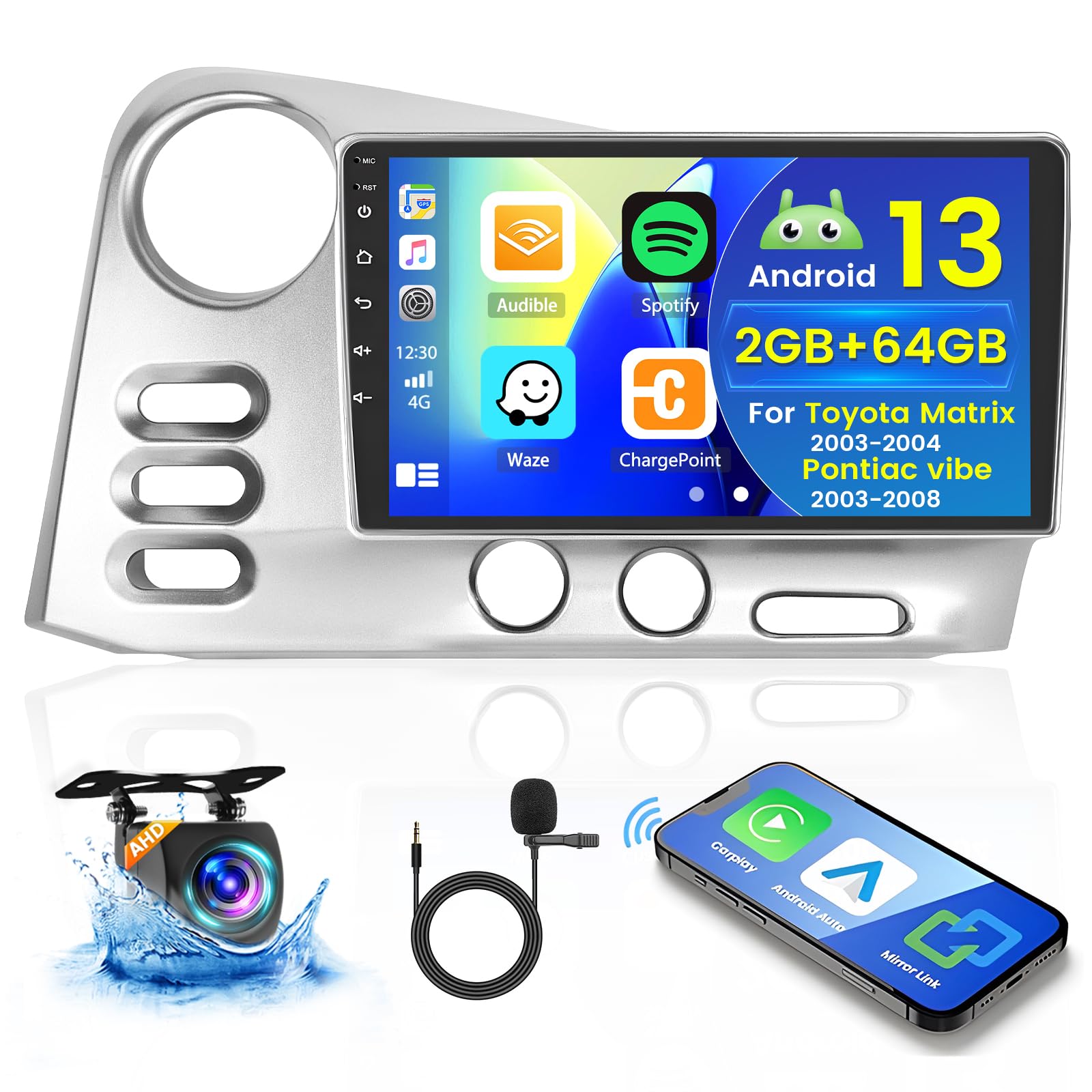 Hikity for Toyota Matrix 2003-2004 & Pontiac Vibe 2003-2008 Android Car Stereo, 2+64G 9 Inch Touchscreen Radio with Wireless Carplay, Android Auto,