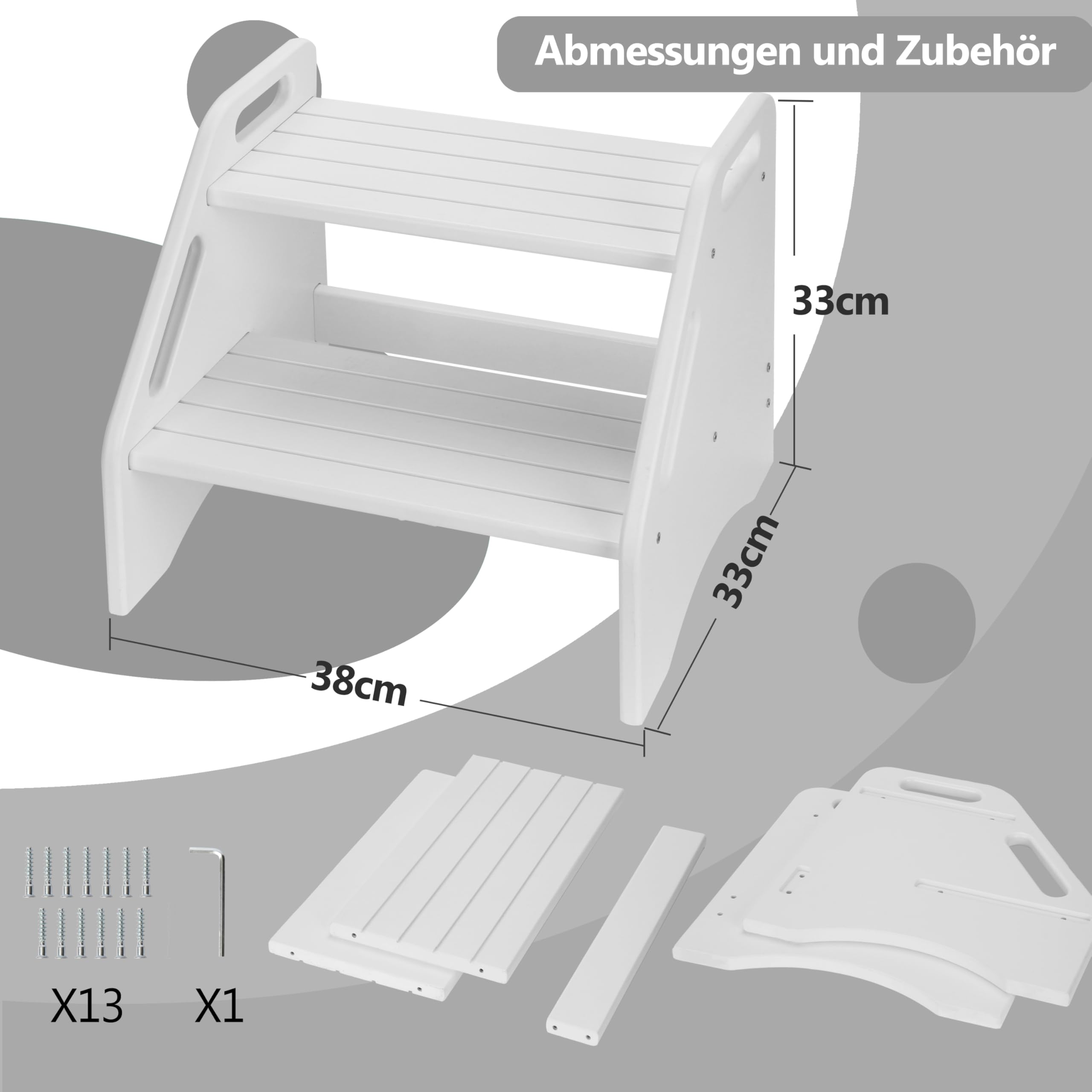 AMBIRD Bambus-Trittstuhl, Zwei-Schritte-Trittstuhl für Kleinkinder mit 136 kg Tragkraft, mit Sicherheits-Anti-Rutsch-Pads und Griffen, Trittstuhl für Bad, Küche, Toilettenhocker für Kinder (Weiß)