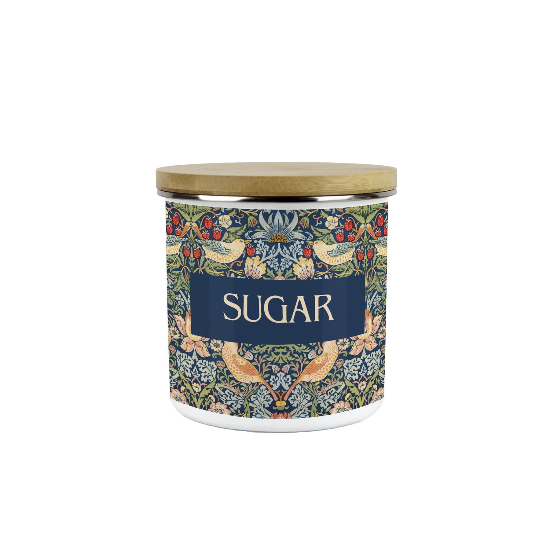 Strawberry Thief Sugar Storage Canister - Medium Enamel & Bamboo Container