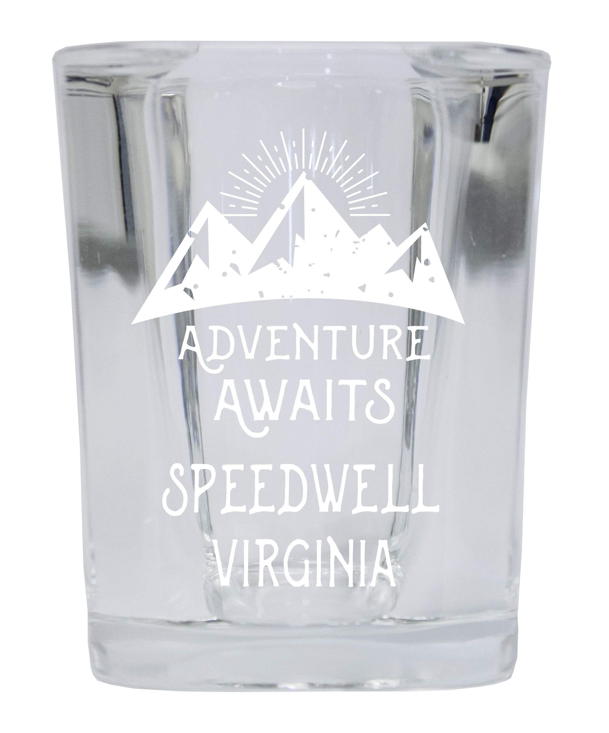 Speedwell Virginia Souvenir Laser Engraved 2 Ounce Square Base Liquor Shot Glass 4-Pack Adventure Awaits Design