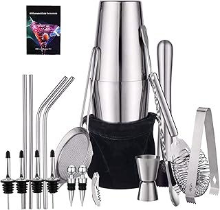 HBlife 21 Piece Cocktail Shaker Set Bartender Kit Stainless Steel Bar Tool Set with 25oz/18oz Boston Shaker, Strainer, Muddler, Double Jigger, Mixing Spoon, Ice Tong, Pour Spout & More, Perfect for Christmas Gifts, Home Bars and Parties, Silver