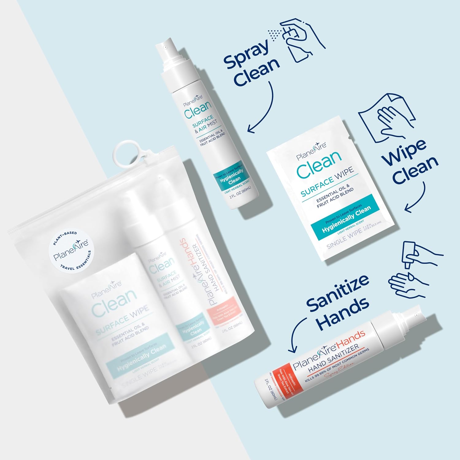 Travel Essentials | Hygiene Kit | Travel Toiletry Kit | Travel Size | Spray Hand Sanitizer Tangerine Coriander Scent | Surface Wipes | Individual Travel Wipes | Surface Cleaner | With Essential Oils
