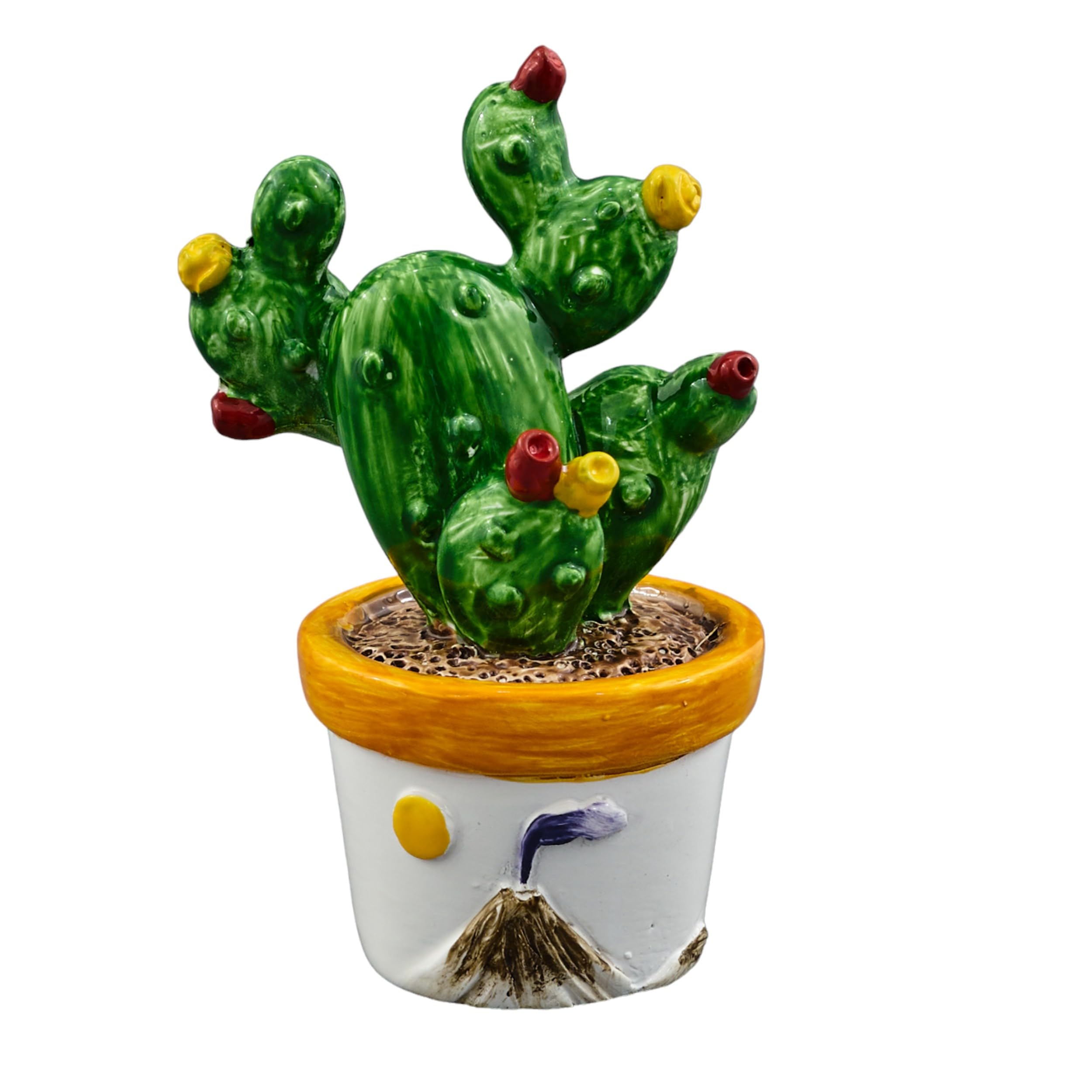 Doni Bomboniere Matrimonio 12PZ Piantina di Cactus in Ceramica Segnaposto Calamita Simboli Sicilia Nozze Feste A Tema Vulcano con Fiori Gialli E Rossi Vaso CN Raffigurazione Sole Idee Regalo Complete