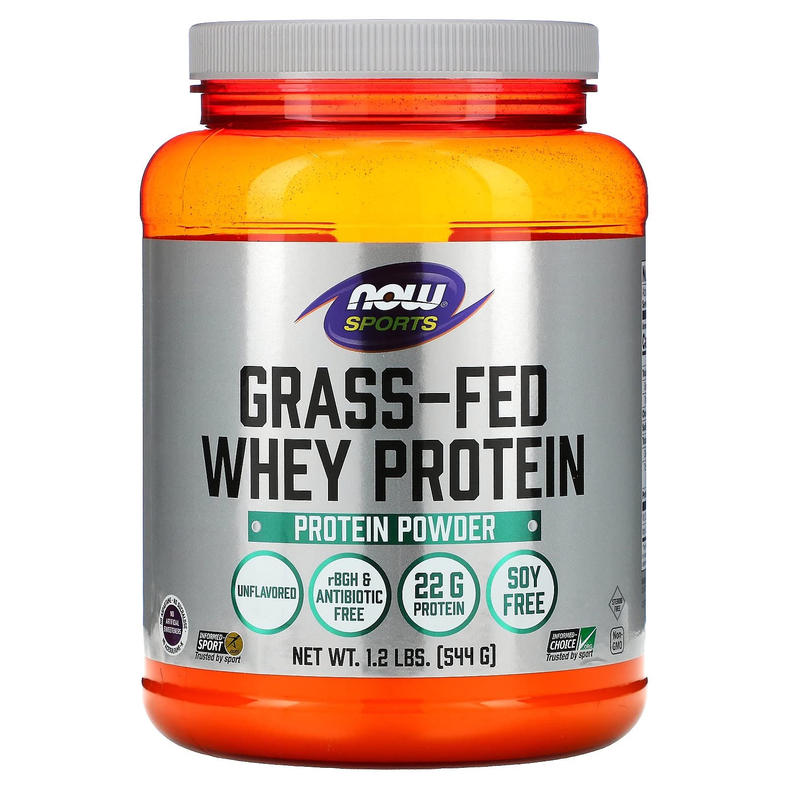 NOW Sports Nutrition, Grass-fed Whey Protein 22 Grams, Unflavored Powder, 1.2-Pound