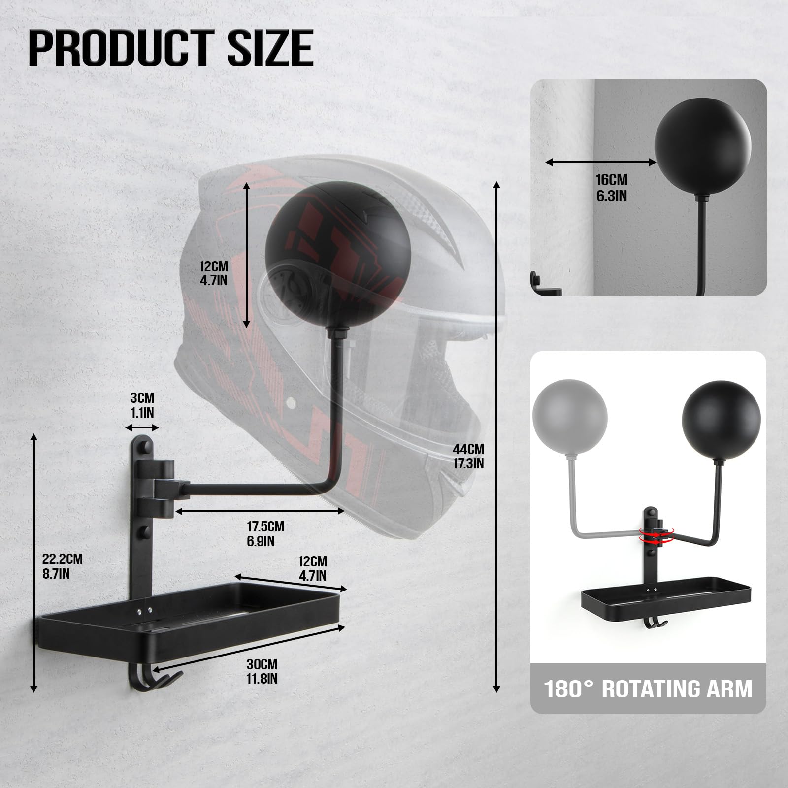 PUERSI Portacasco a Parete, Design Girevole a 180 Gradi, Supporto per Casco per Biciclette da Corsa in Moto con Gancio per Appendere Abbigliamento Sportivo, Giacca, Chiavi