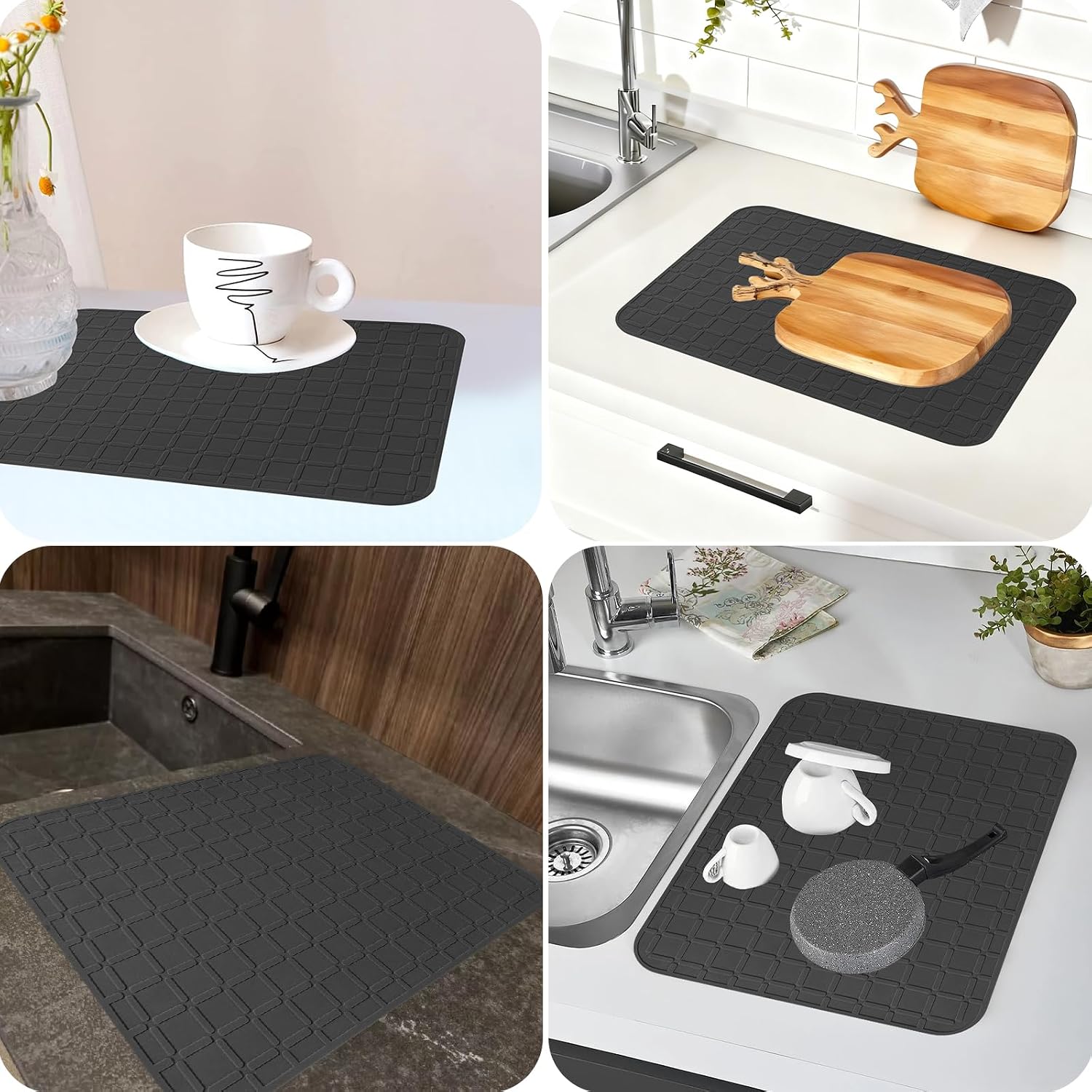 Silicone Dish Drying Mat Non Slip Heat Resistant Large Pad for Sink & Countertop, Easy-Clean Drainer Tray, Fits Kitchen Drawer or Fridge (9x7 Inch, Black)