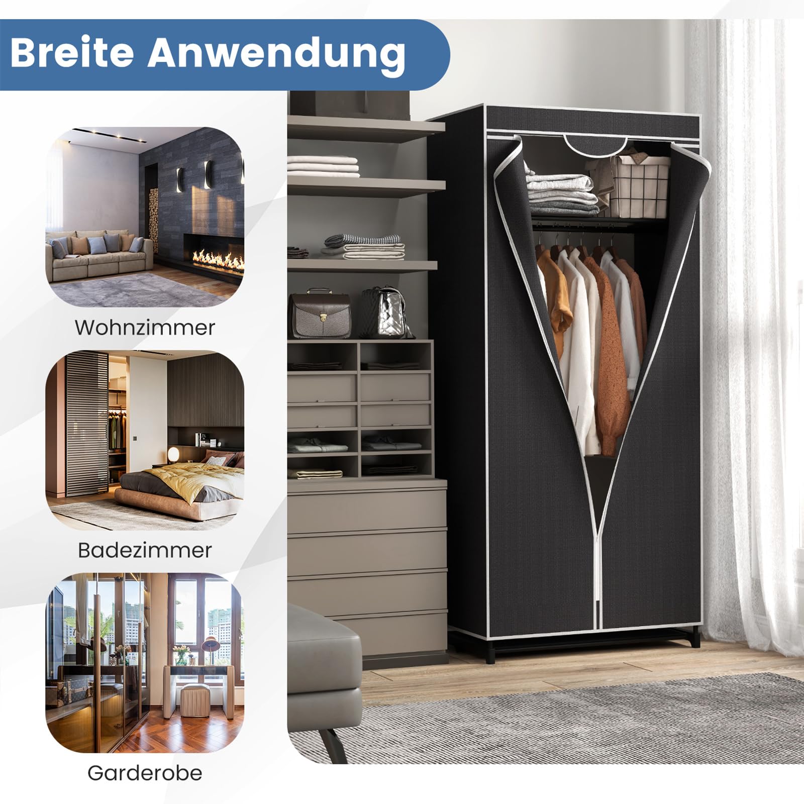 GOPLUS Kleiderschrank Stoff, Stoffschrank mit Reißverschluss & Kleiderstange, Stoffschrank Stoffkleiderschrank klappbar für Schlafzimmer, 74 x 50 x 172cm (Schwarz)