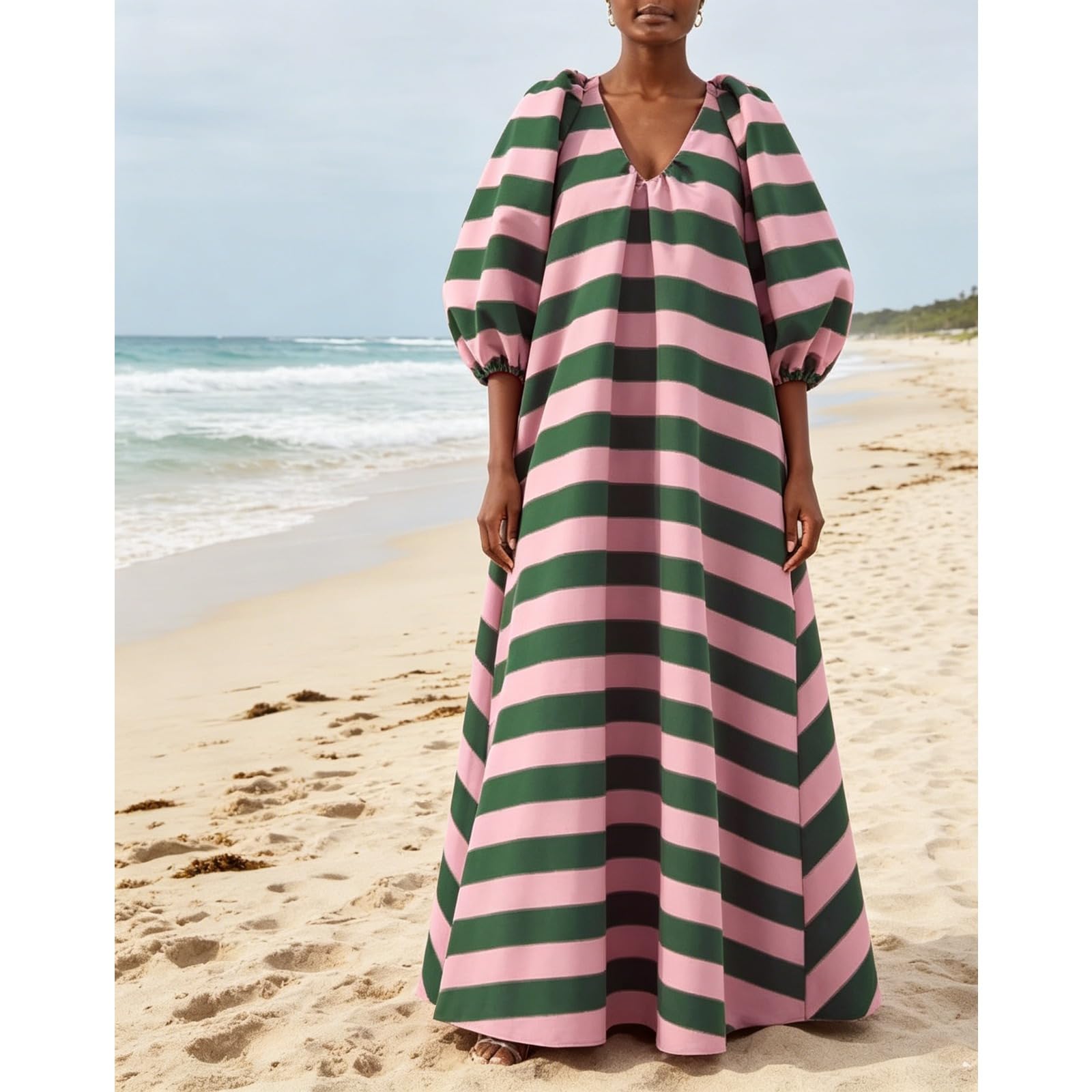 Maxi abito da donna a maniche a sbuffo a righe casual con stampa a mezza manica abito lungo con tasche