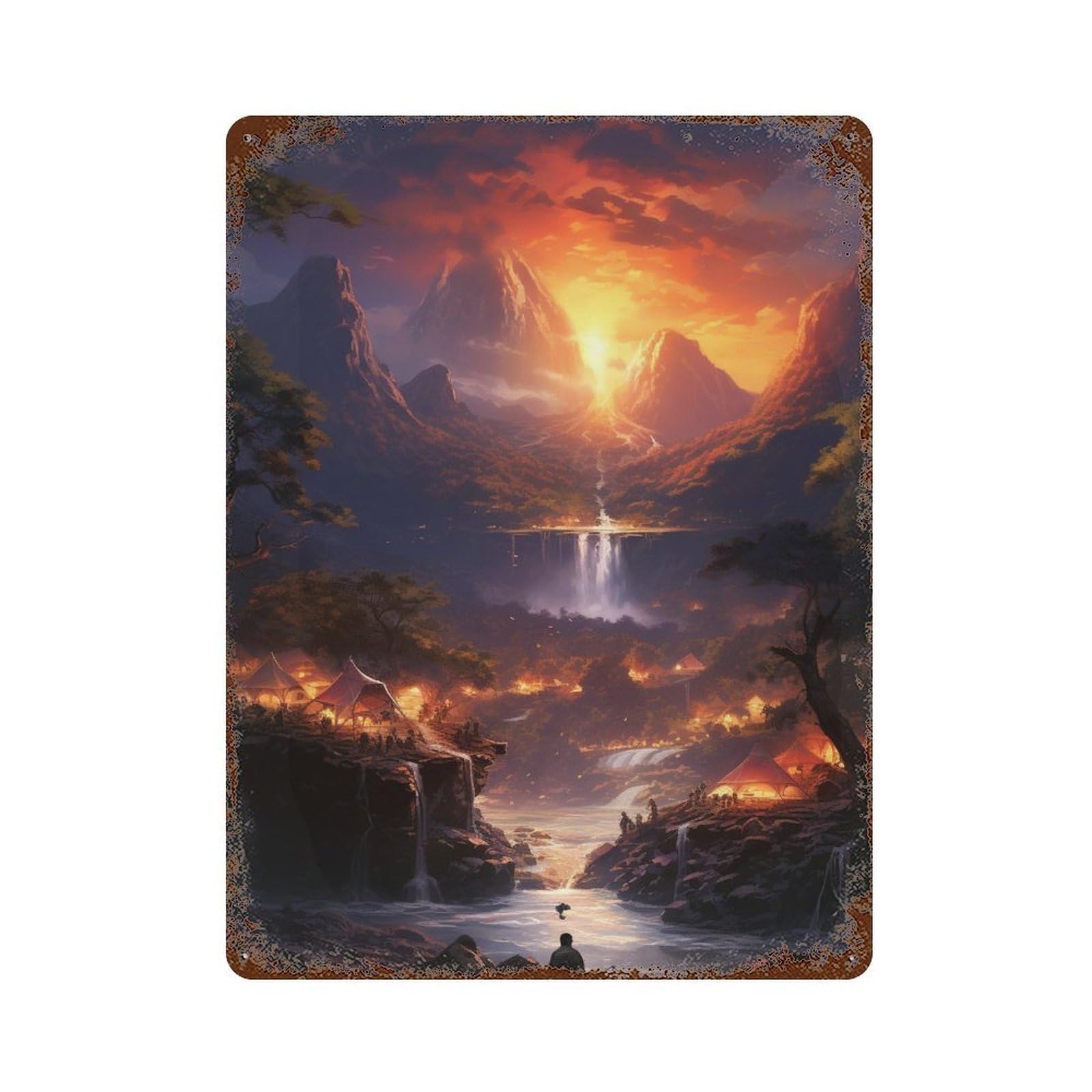Volcanic Sunset Adventure Camp 15.7"x11.8" Rustic Tin Plaque, Novelty Wall Decor for Bistro, Counter And Cafe Decor