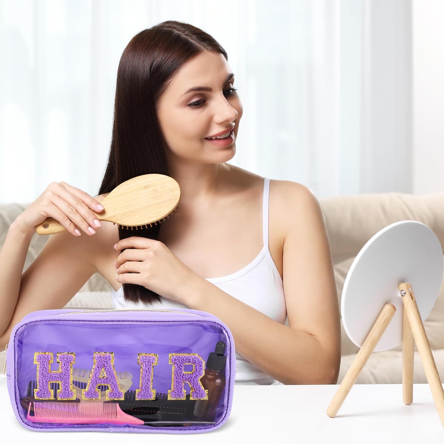 Hillban 4 Pieces Chenille Letter Cosmetic Bag Set Nylon PVC Clear Waterproof Makeup Pouch Stuff Hair Travel Bag Multi Purpose Aesthetics Toiletry Organizer for Women Gym Travel Beach (Light Colors)