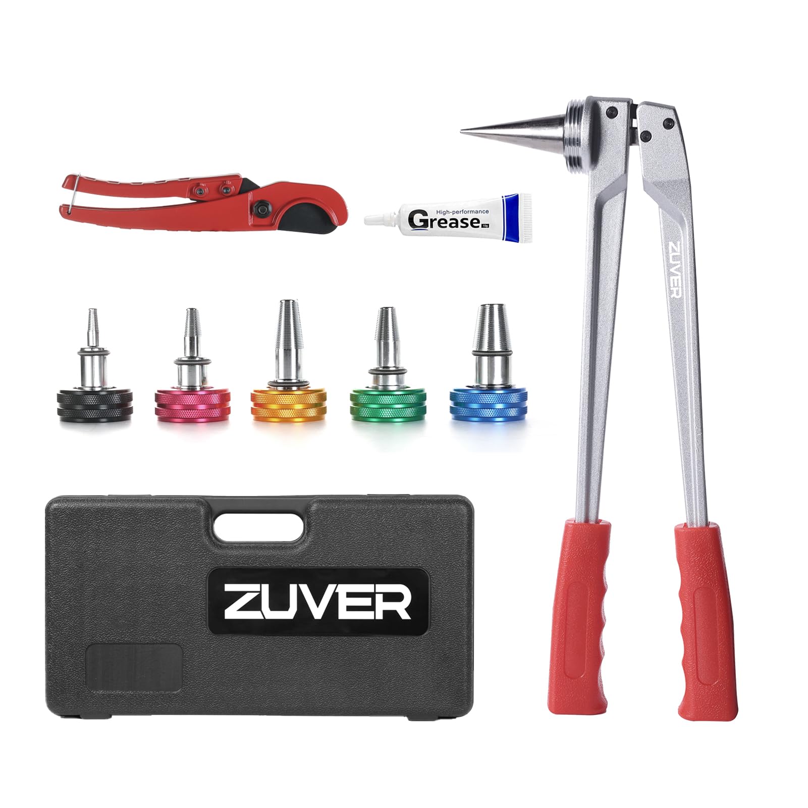 ZUVER PEX Tube Expansion Tool Kit - Manual Expander with 5 Heads - Meets ASTM F1960 Standard - Includes 3/8”, 1/2”, 5/8”, 3/4”, 1” Expansion Heads and