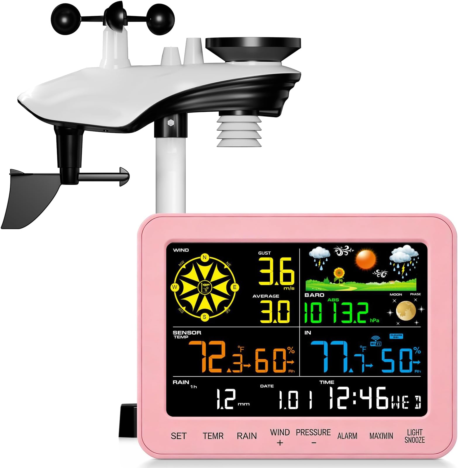 Gevanti Weather Station Wireless Indoor Outdoor with 5-in-1 Sensor & LCD Display, Weather Station with Rain Gauge and Wind Speed/Direction, Moon Phase, Forcast, Temperature, Pressure, Humidity, Alarm