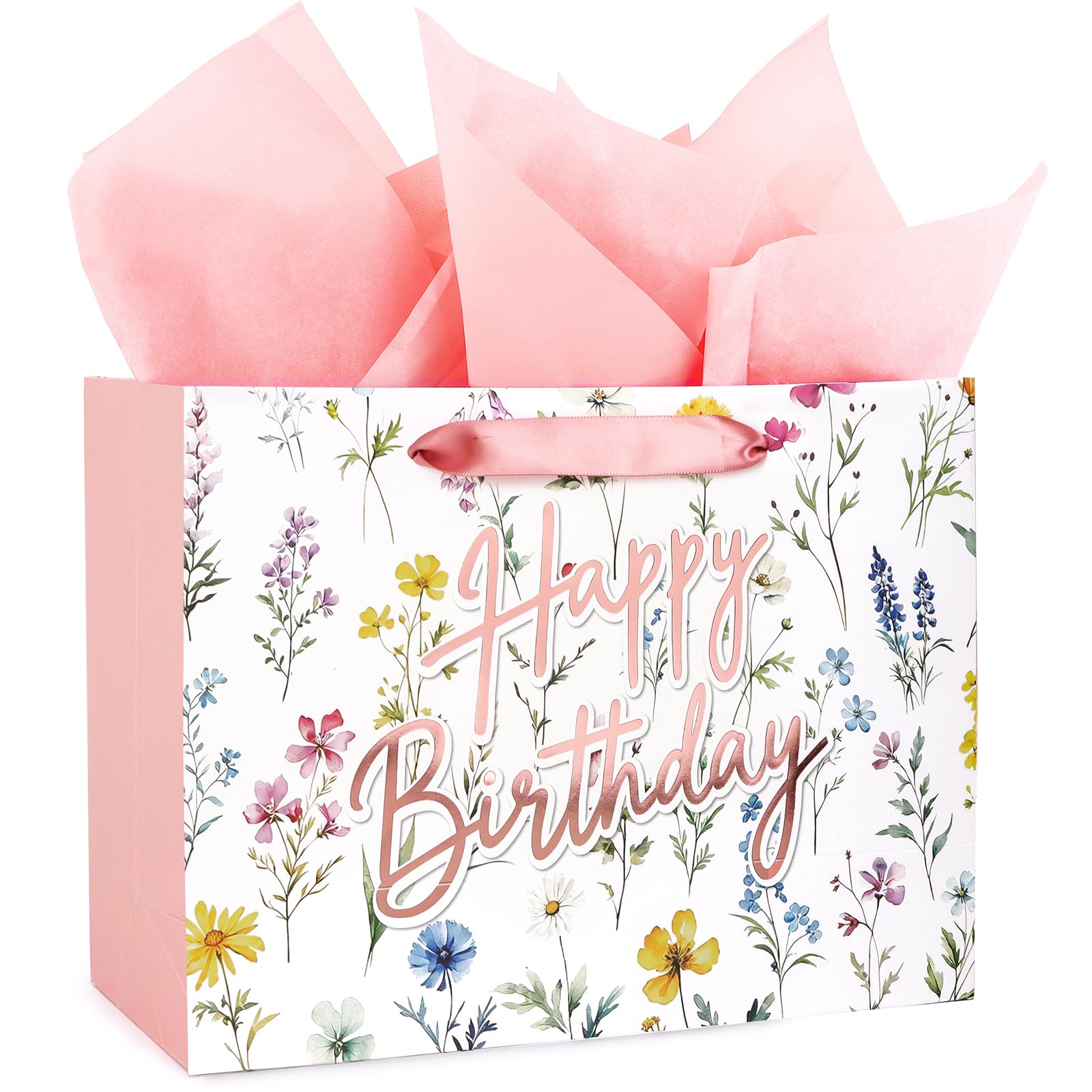 Birthday Gift Bag for Women - Medium Pink Floral Wildflower Present Wrapping Bag with Tissue Paper for Her, Mum, Friends