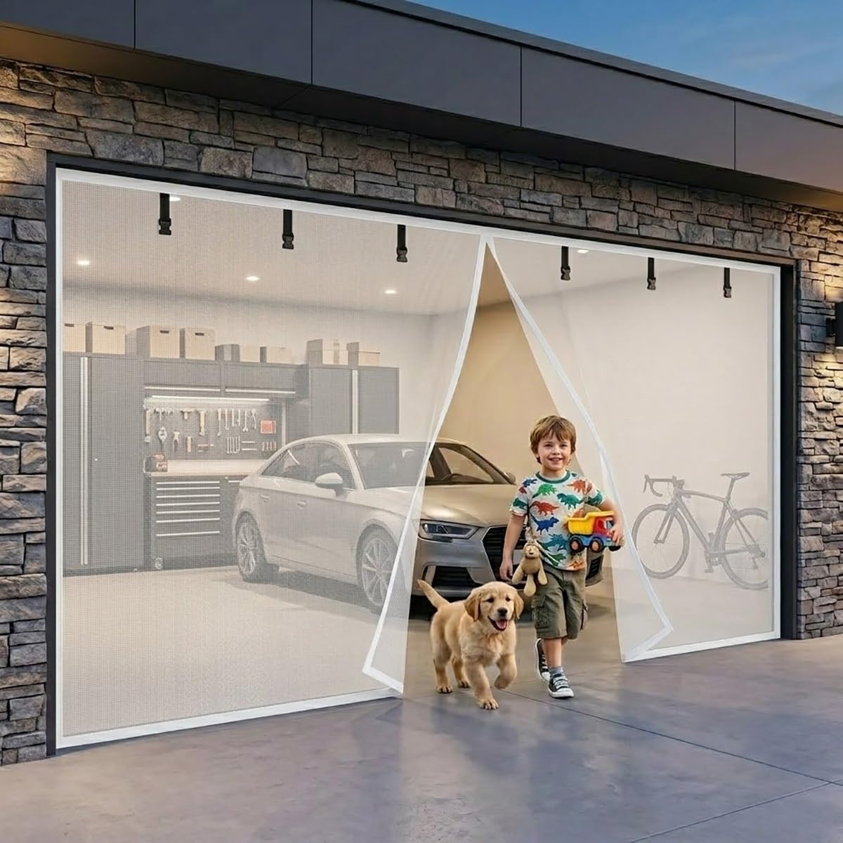 Retractable Garage Door Fly Screen Magnetic Closure Insect Mesh, for Patio