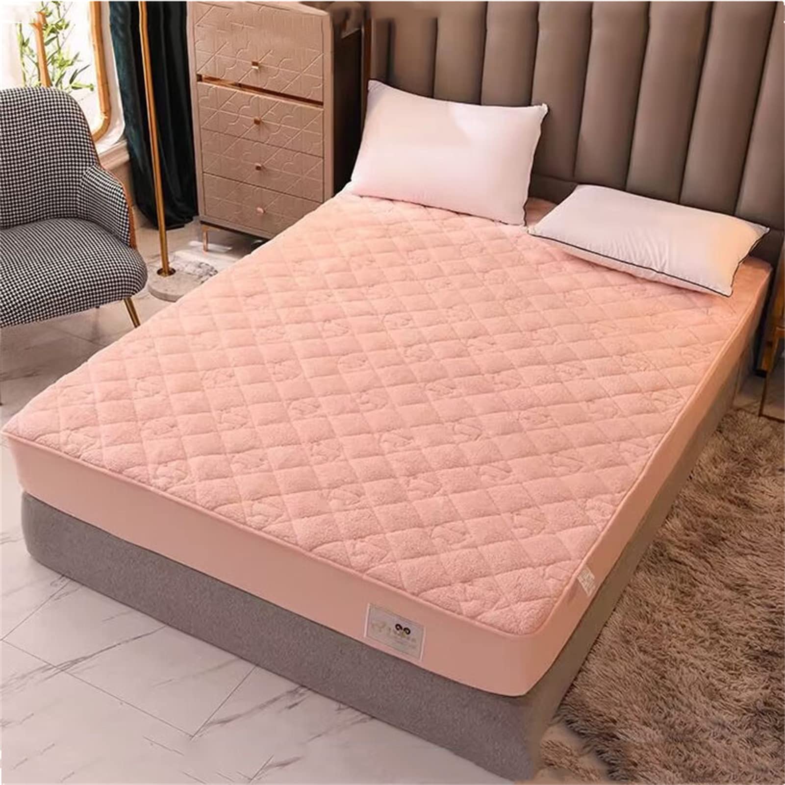 Cachemira Protector Colchón, Protector de colchón Acolchado con Triple Relleno, Funda Colchon de Rizo Transpirable y Hipoalergénico, Antiácaros (Rosa,Grueso 150x190cm)