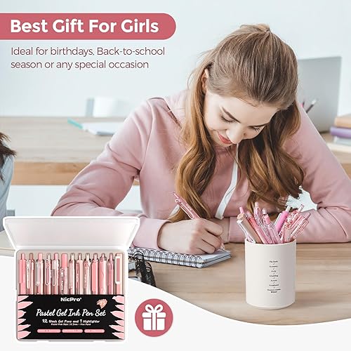Miniatura 7 de Nicpro Paquete de 13 bolígrafos de tinta de gel pastel con funda, bonitos bolígrafos retráctiles de punta fina de 0.020 in, 12 bolígrafos rosados de
