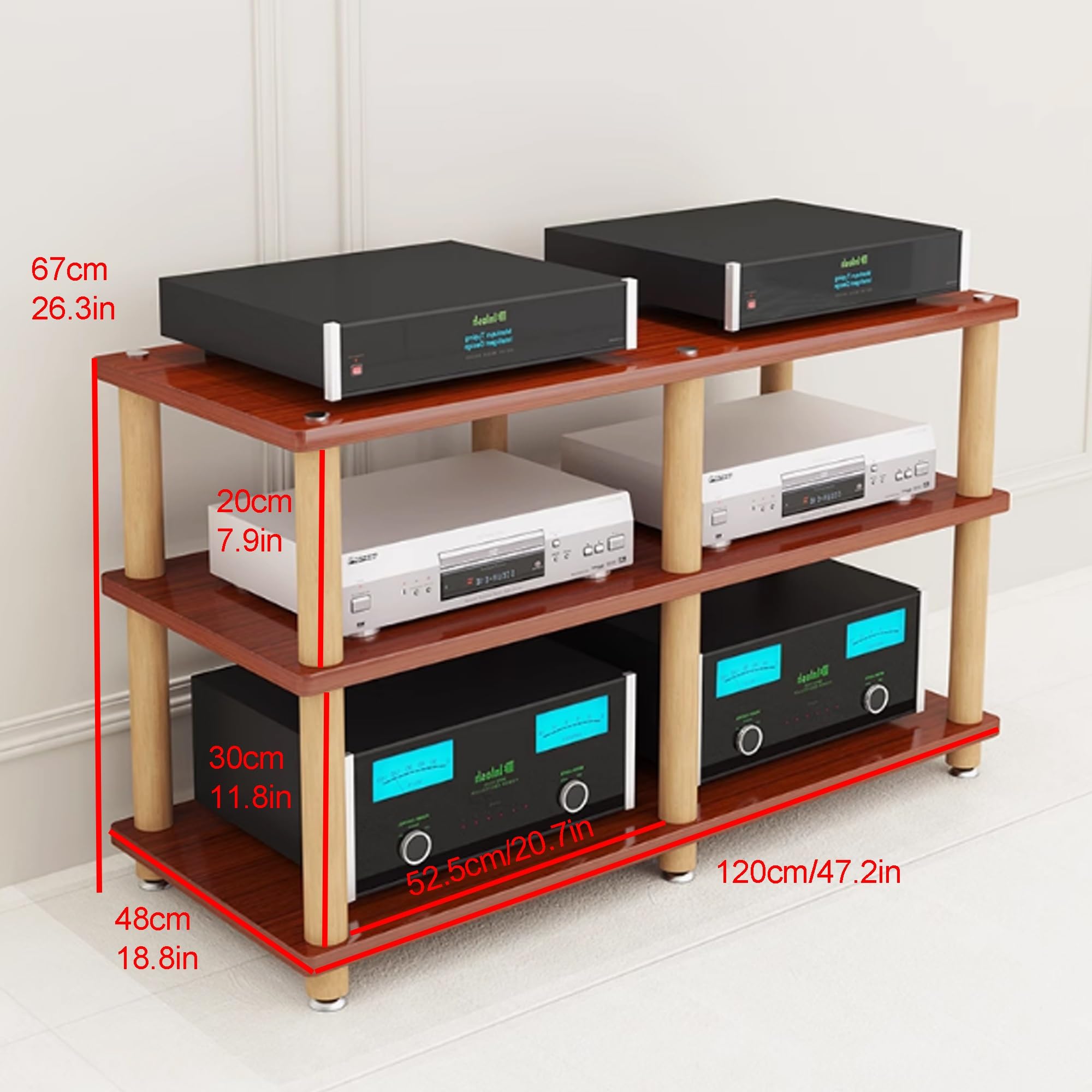 Mobile stereo hi fi rack hifi, Supporto stereo aperto Supporto per mobiletto multimediale AV, scaffale audio-video Scaffale per proiettore, per casa/ufficio/camera da letto/sala di registrazione(Red W